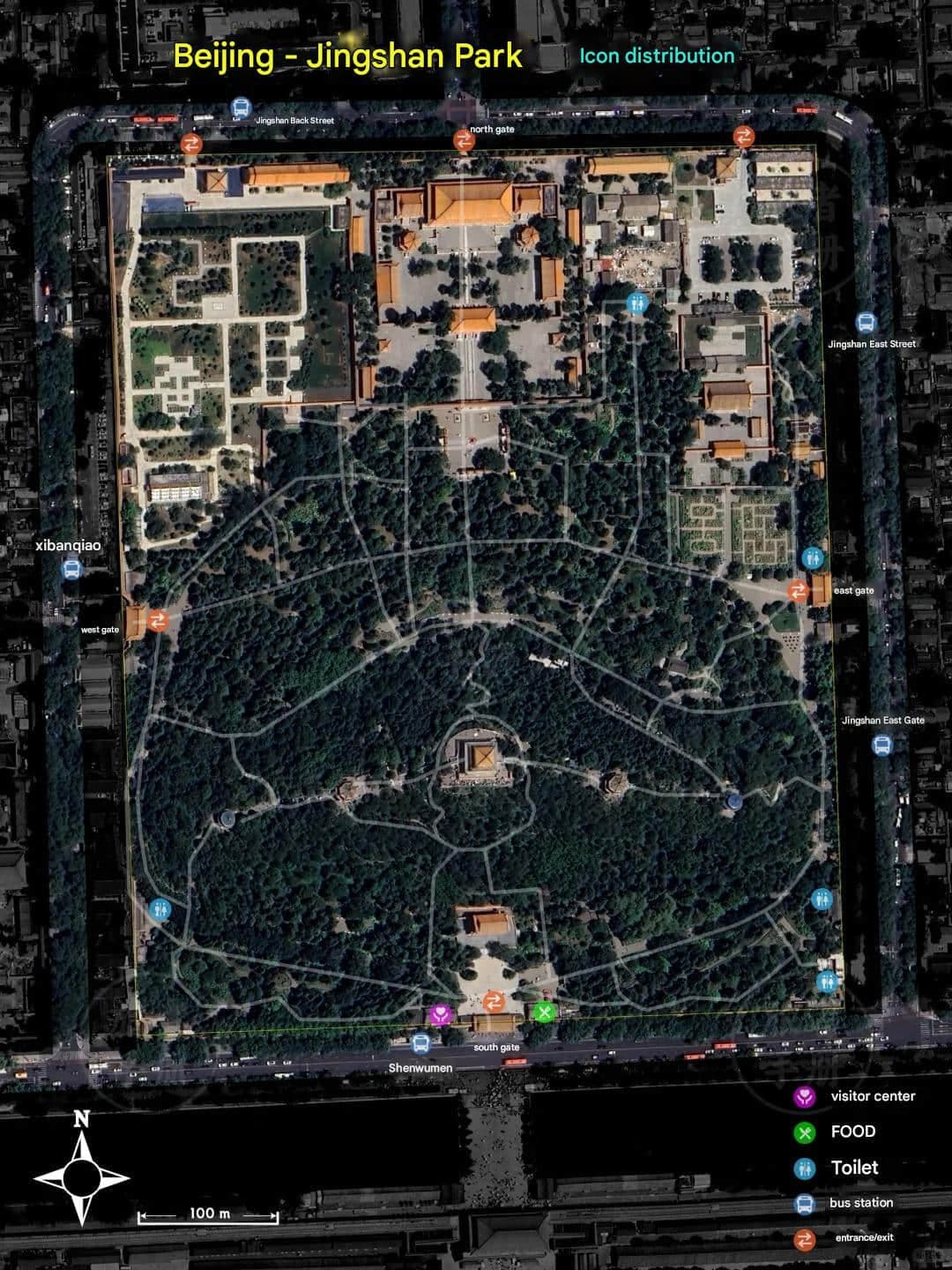 Mapa de instalaciones y servicios del parque Jingshan