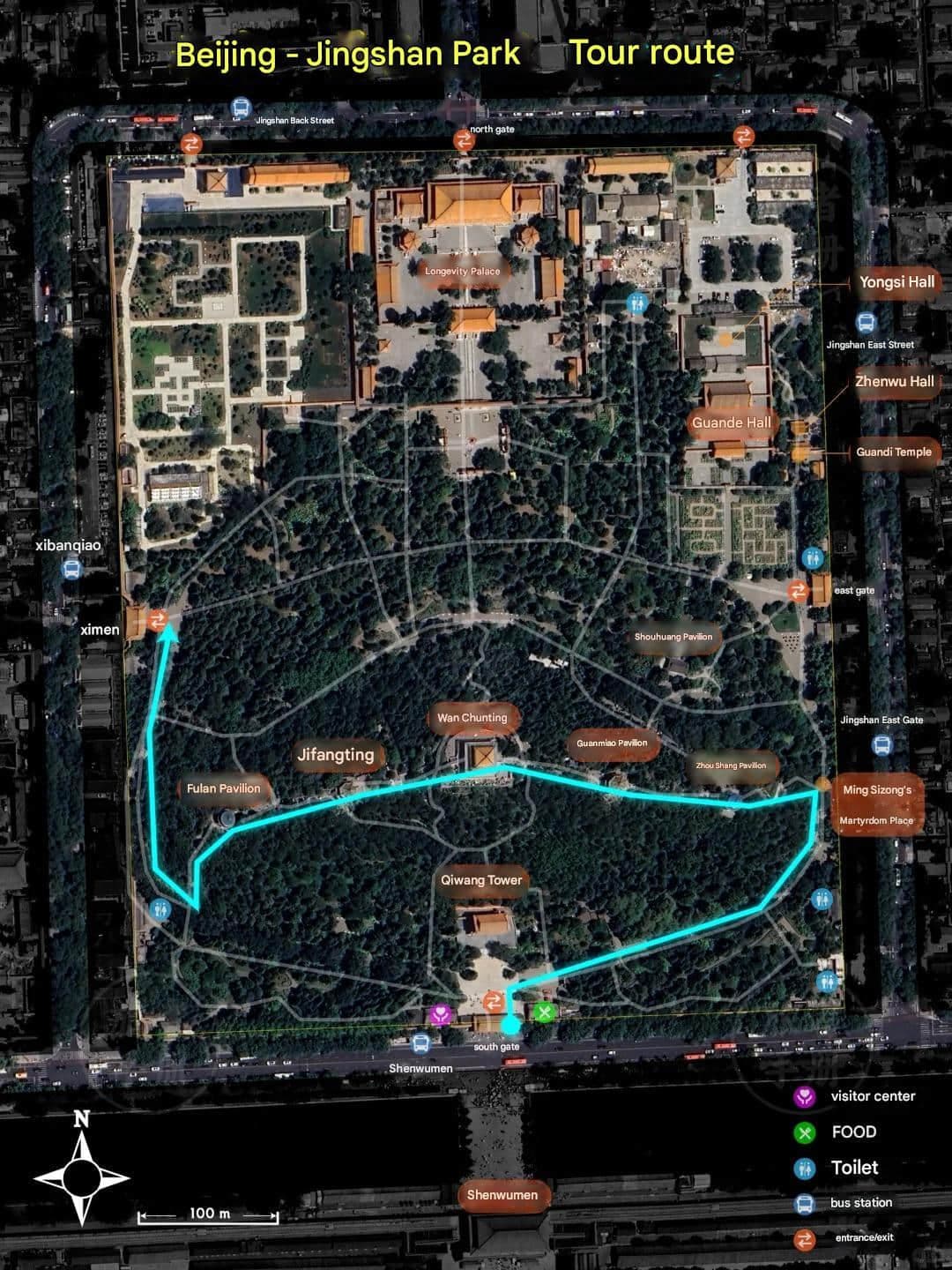 Mapa de rutas recomendadas del parque Jingshan