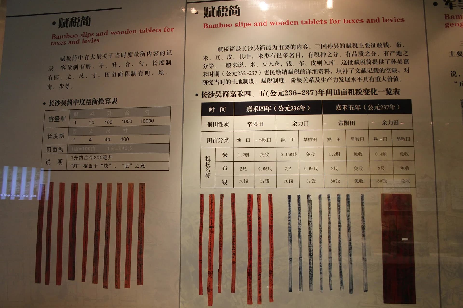 Documentary view of a museum panel on Wu tax and levy bamboo slips