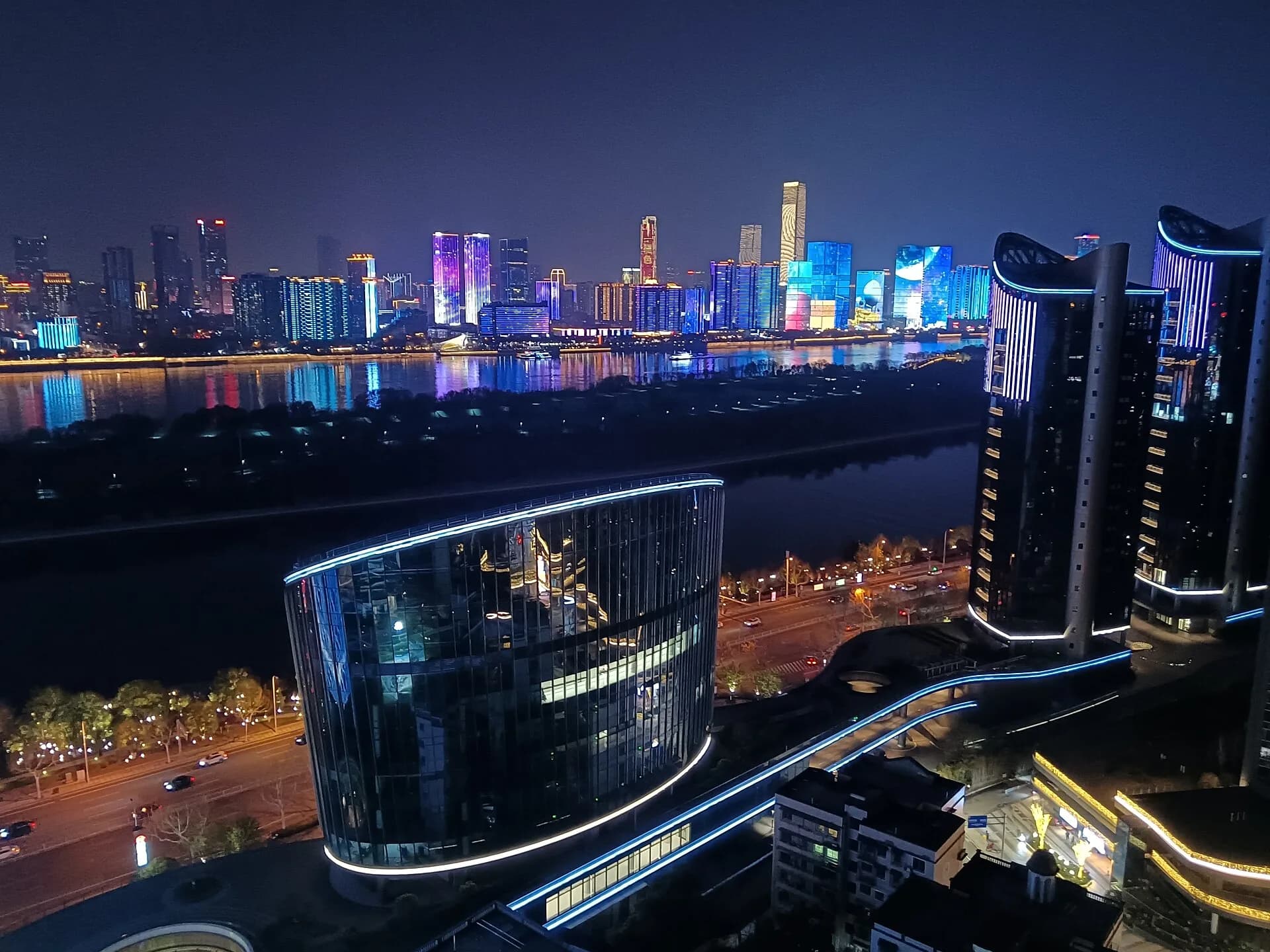 Documentary night view across the Xiang River in Changsha