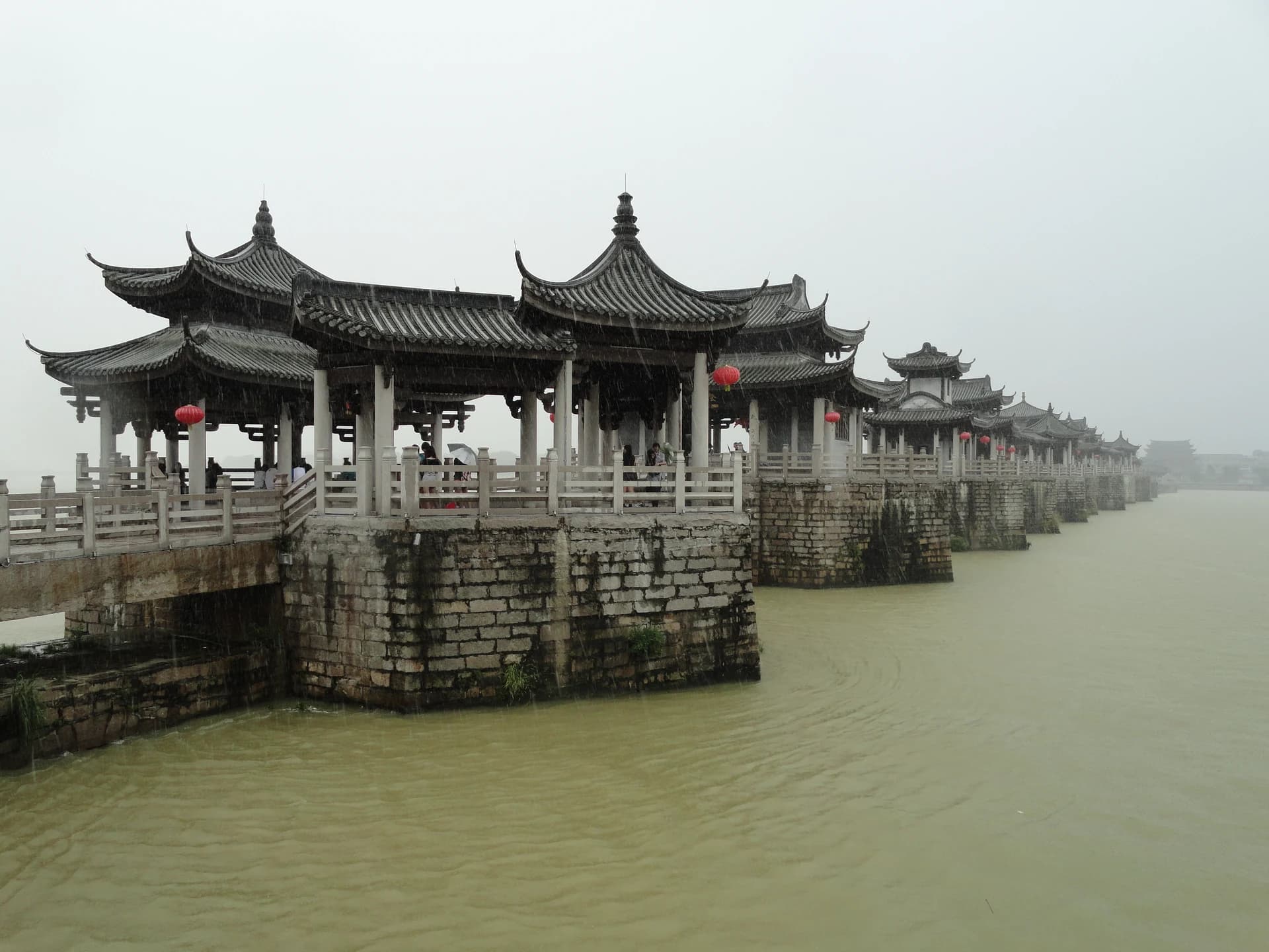 Stone piers and pavilion line along Guangji Bridge in Chaozhou