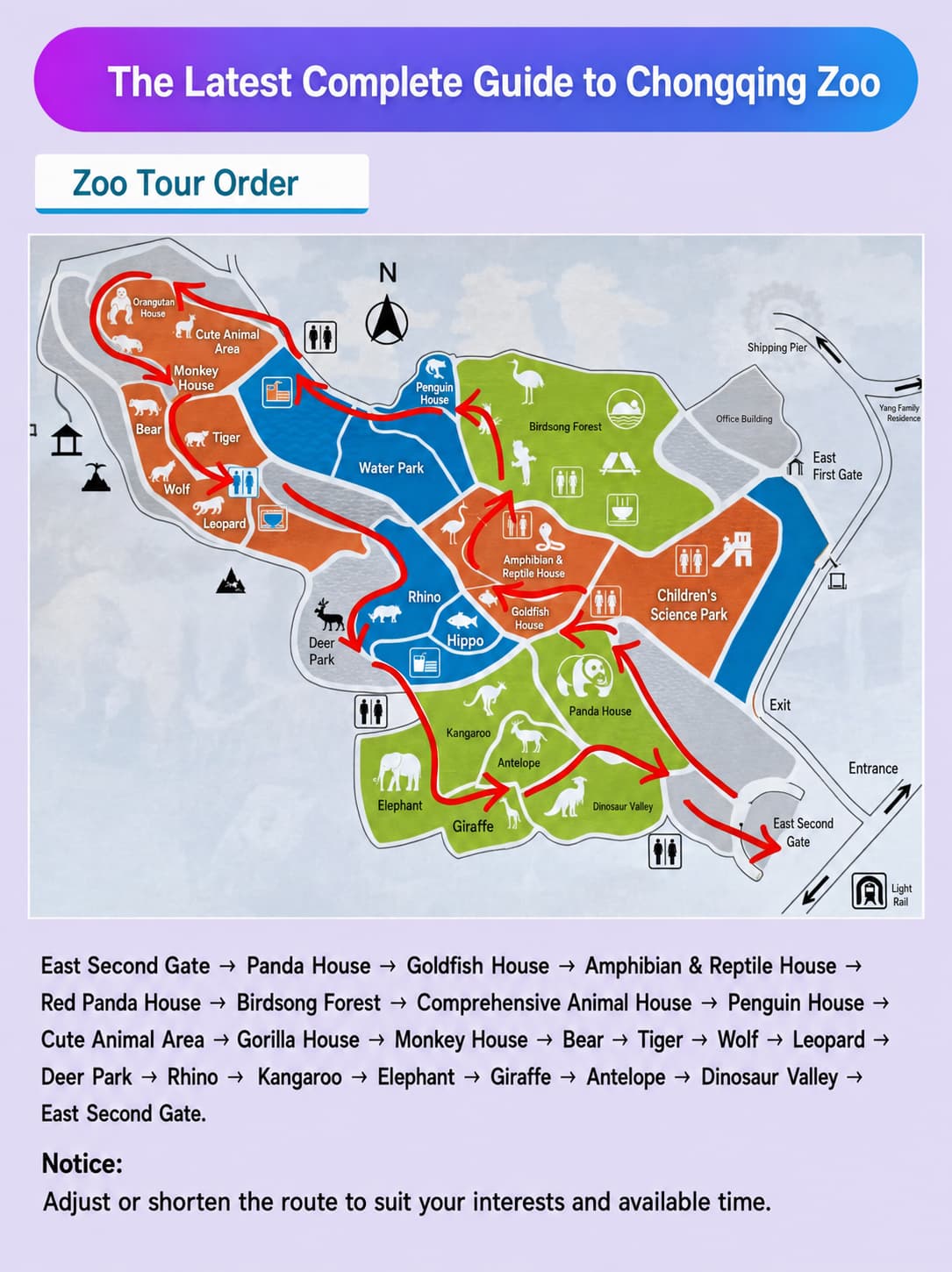 Mapa en inglés para una visita al Zoológico de Chongqing que prioriza los pandas