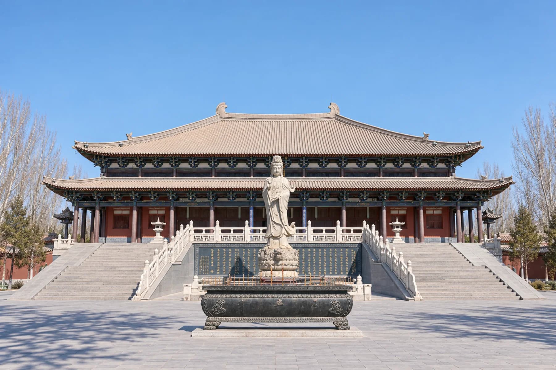 Tang-inspired Great Brightness Hall and Guanyin statue at Leiyin Temple in Dunhuang