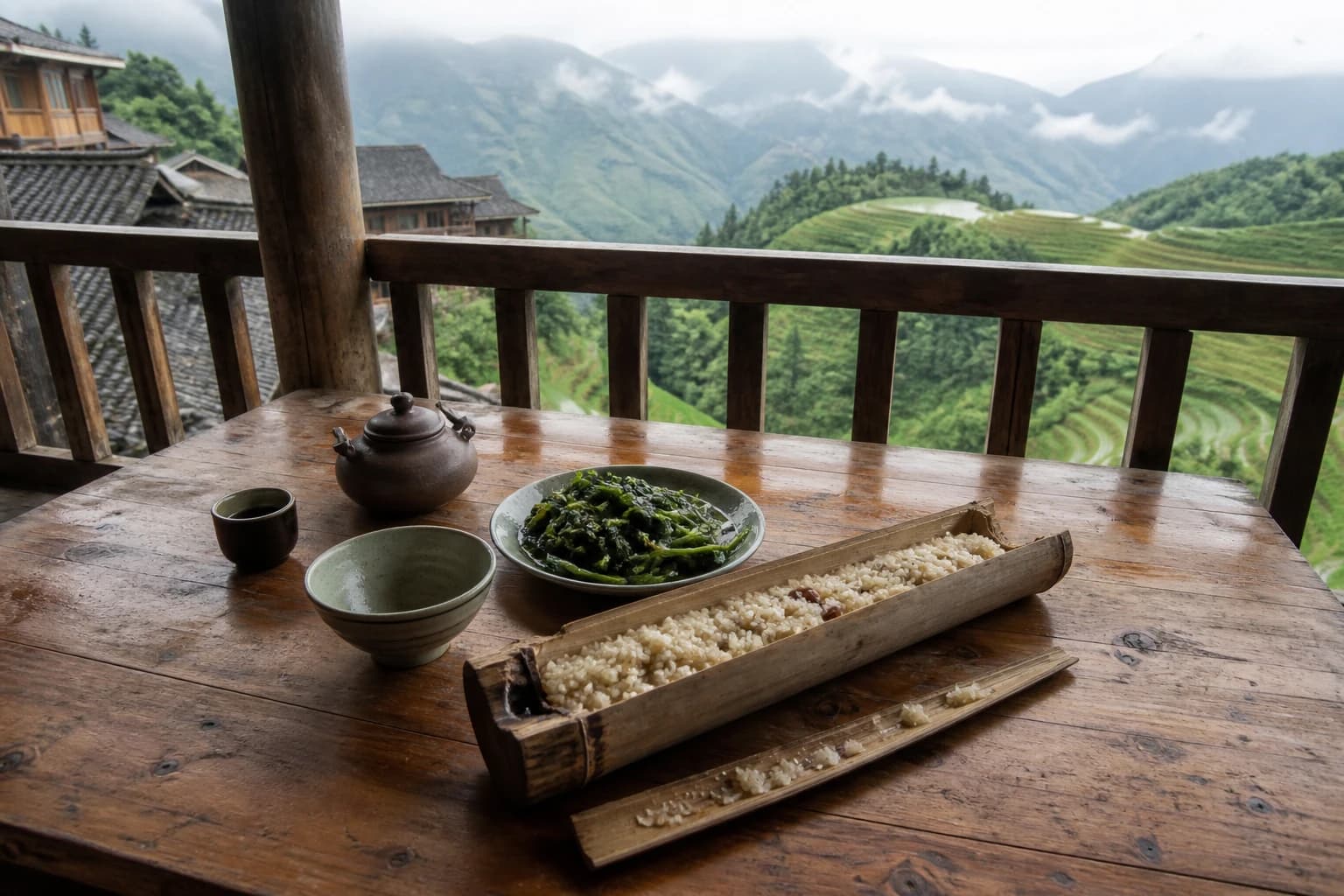 Imagen de arroz en bambú, verduras de temporada y té en la terraza de una casa de huéspedes de Longji