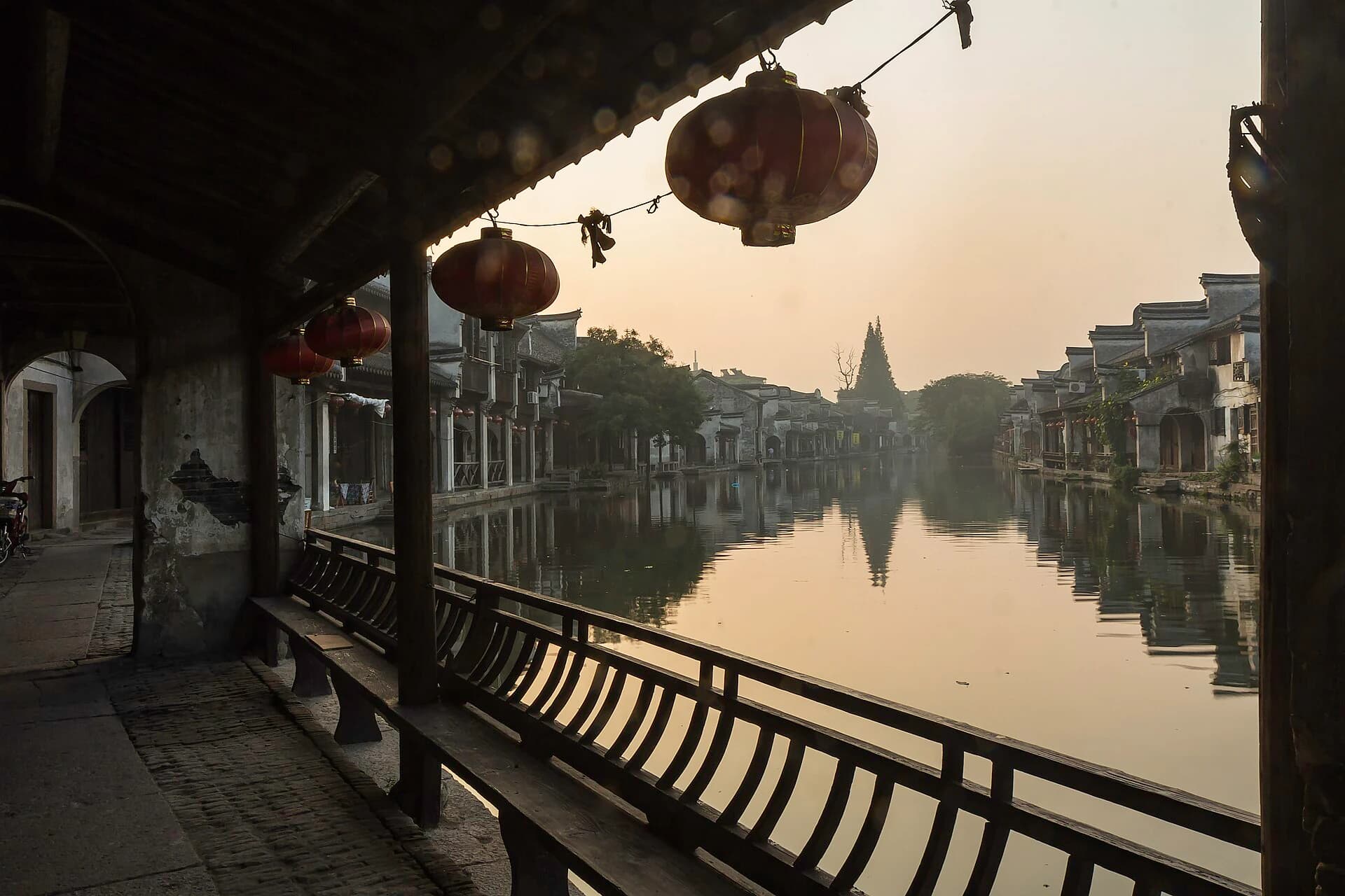 Quiet covered canal walkway in Nanxun Ancient Town
