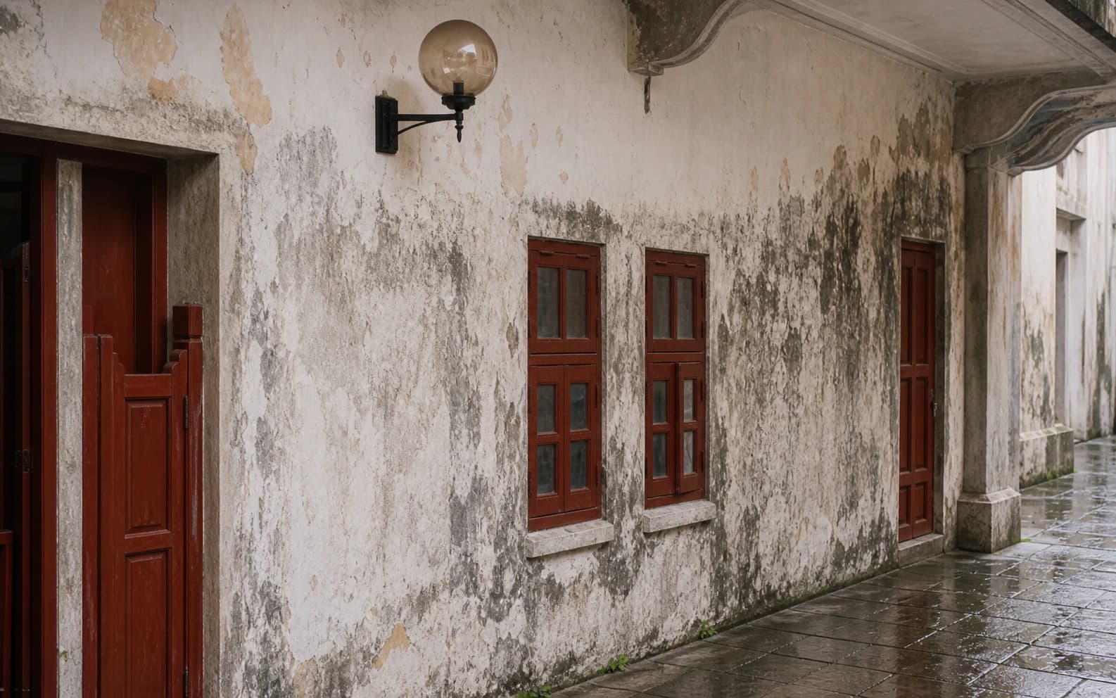 Weathered arcade wall with red-brown windows and a covered stone walkway