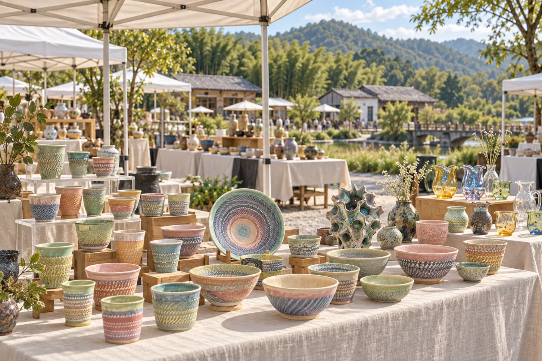 Contemporary handmade ceramics displayed beneath white market canopies at Xianghu