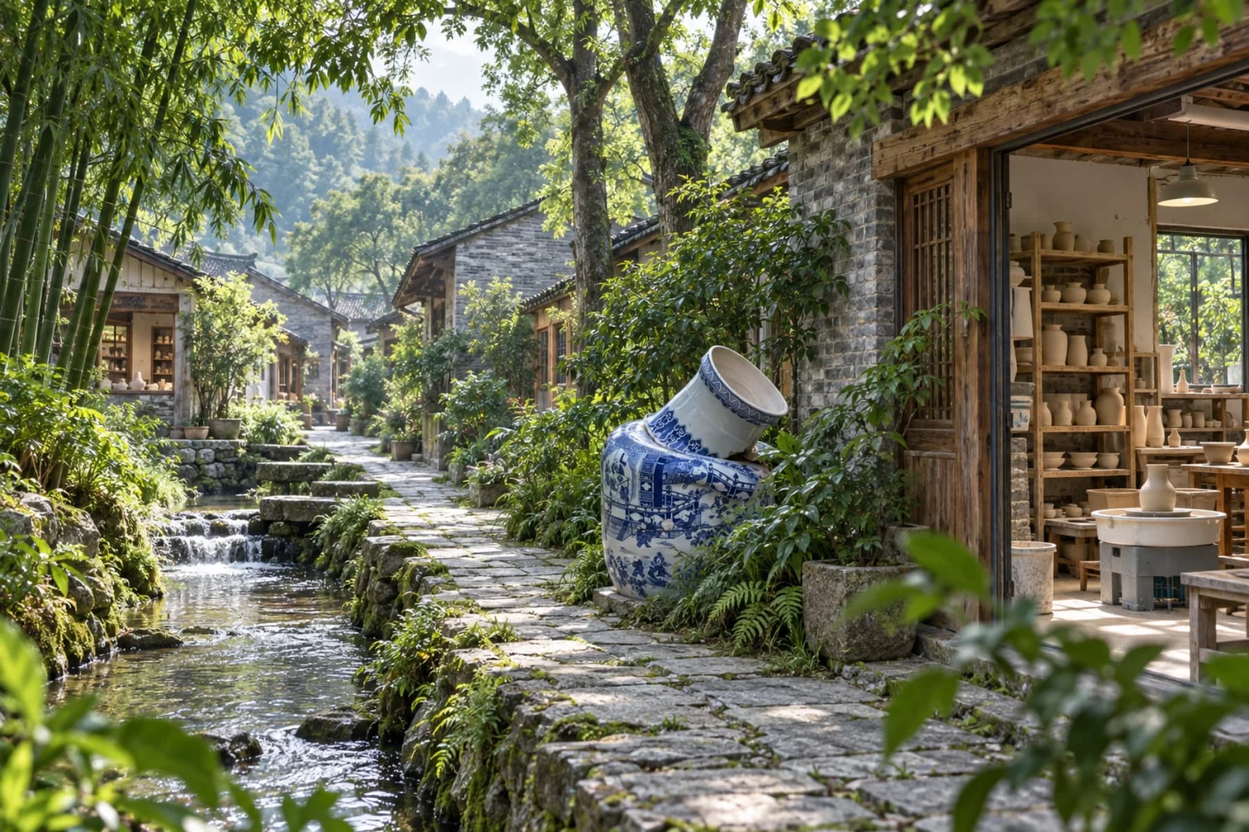 A streamside lane, grey-brick pottery studios and porcelain artwork in green Sanbao Valley