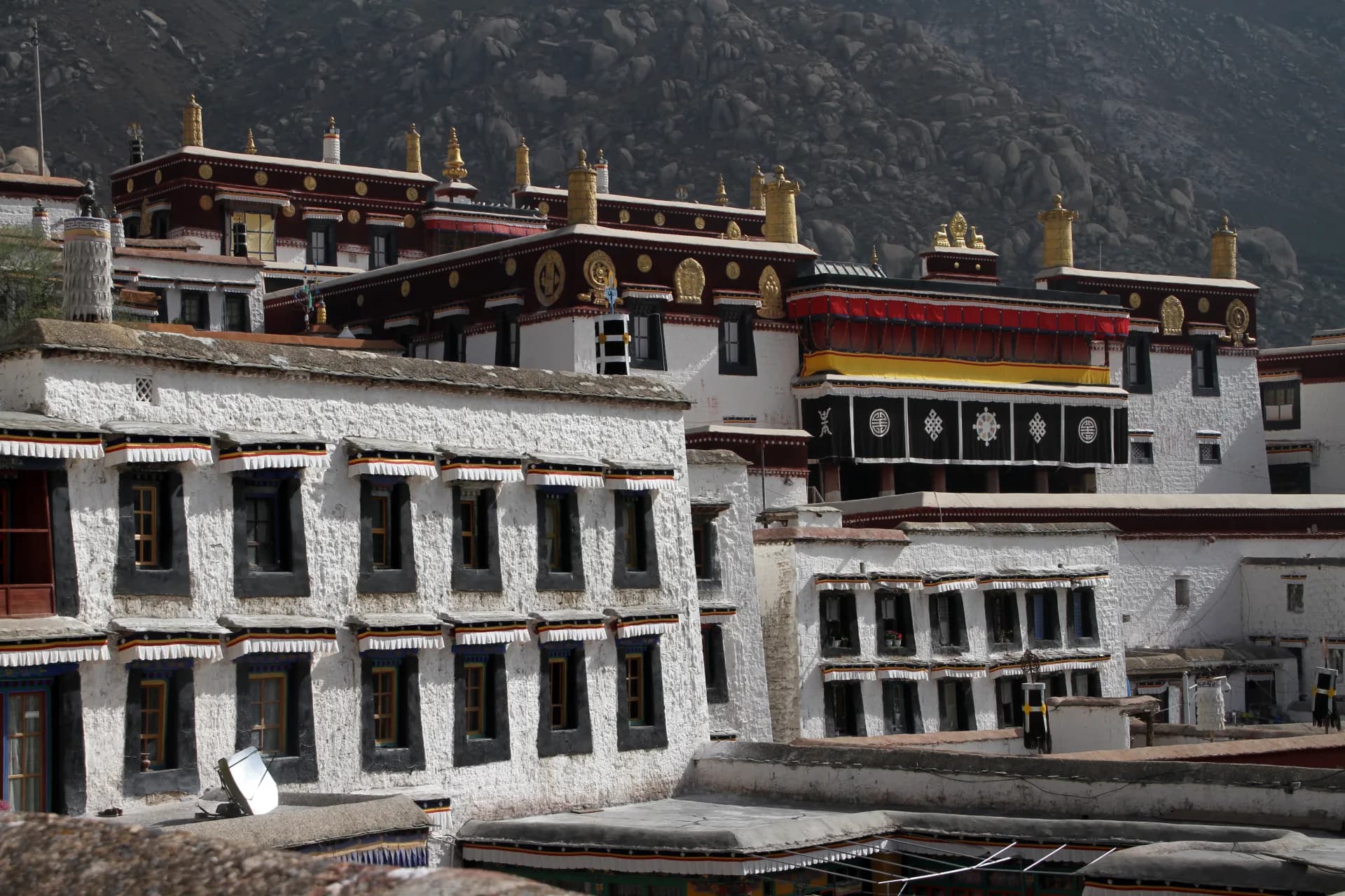 People-free architectural view of Drepung Monastery in Lhasa