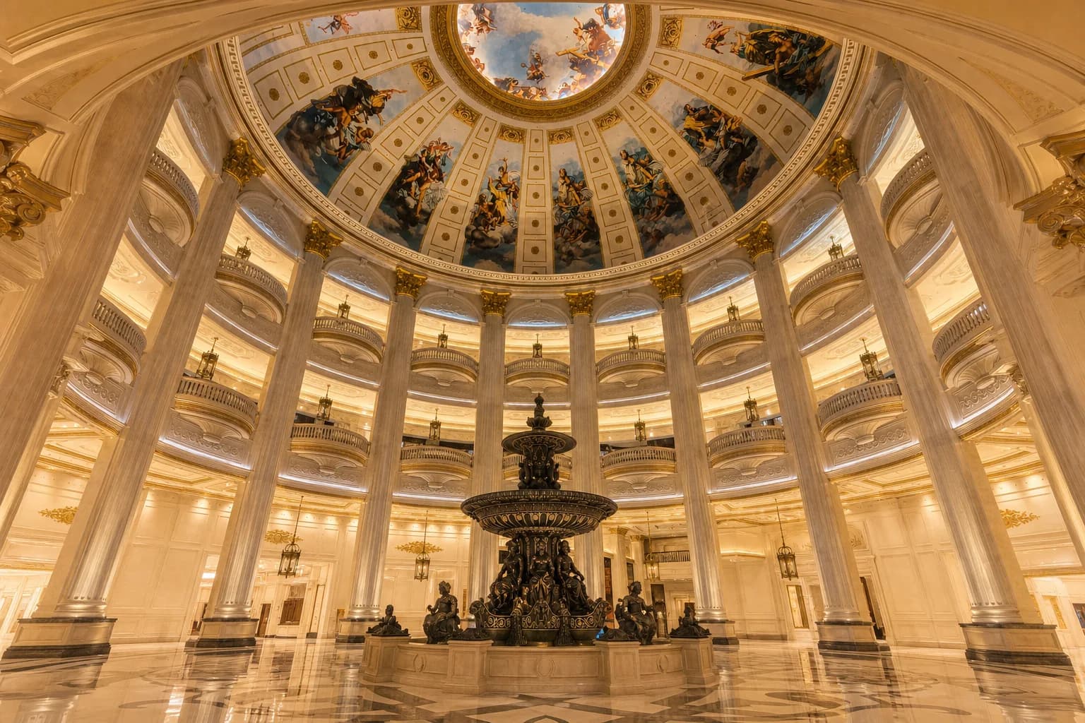 Vista de la fuente, la columnata y la cúpula pintada en el lobby de The Parisian Macao