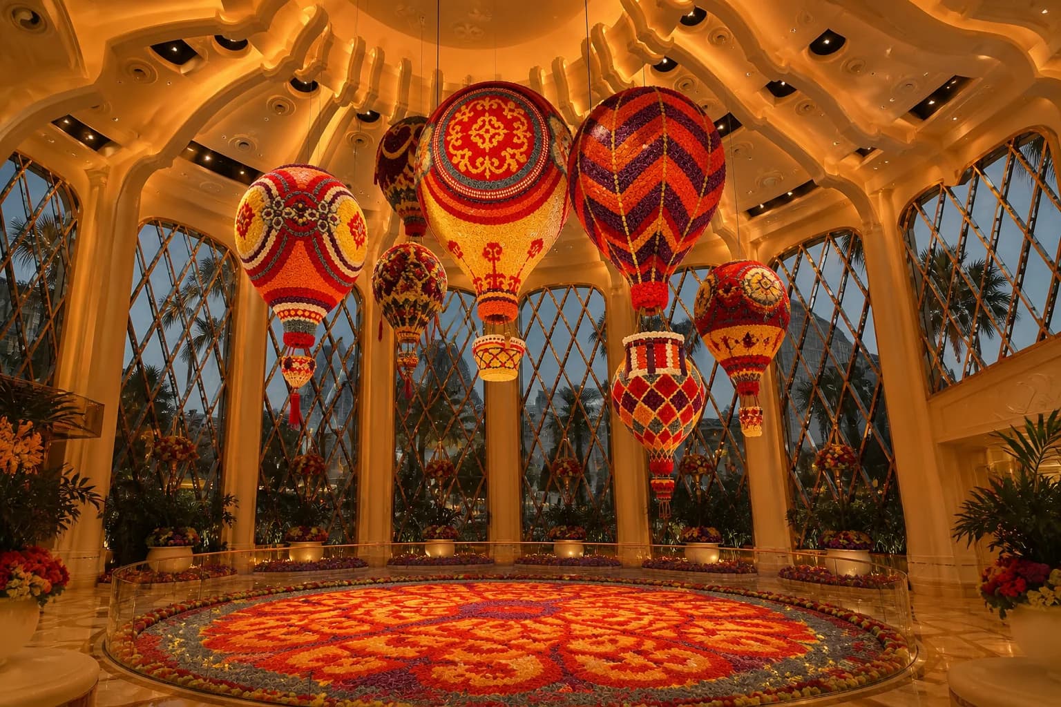 Interpretación de una instalación estacional de globos florales dentro de un cálido atrio de Wynn Palace