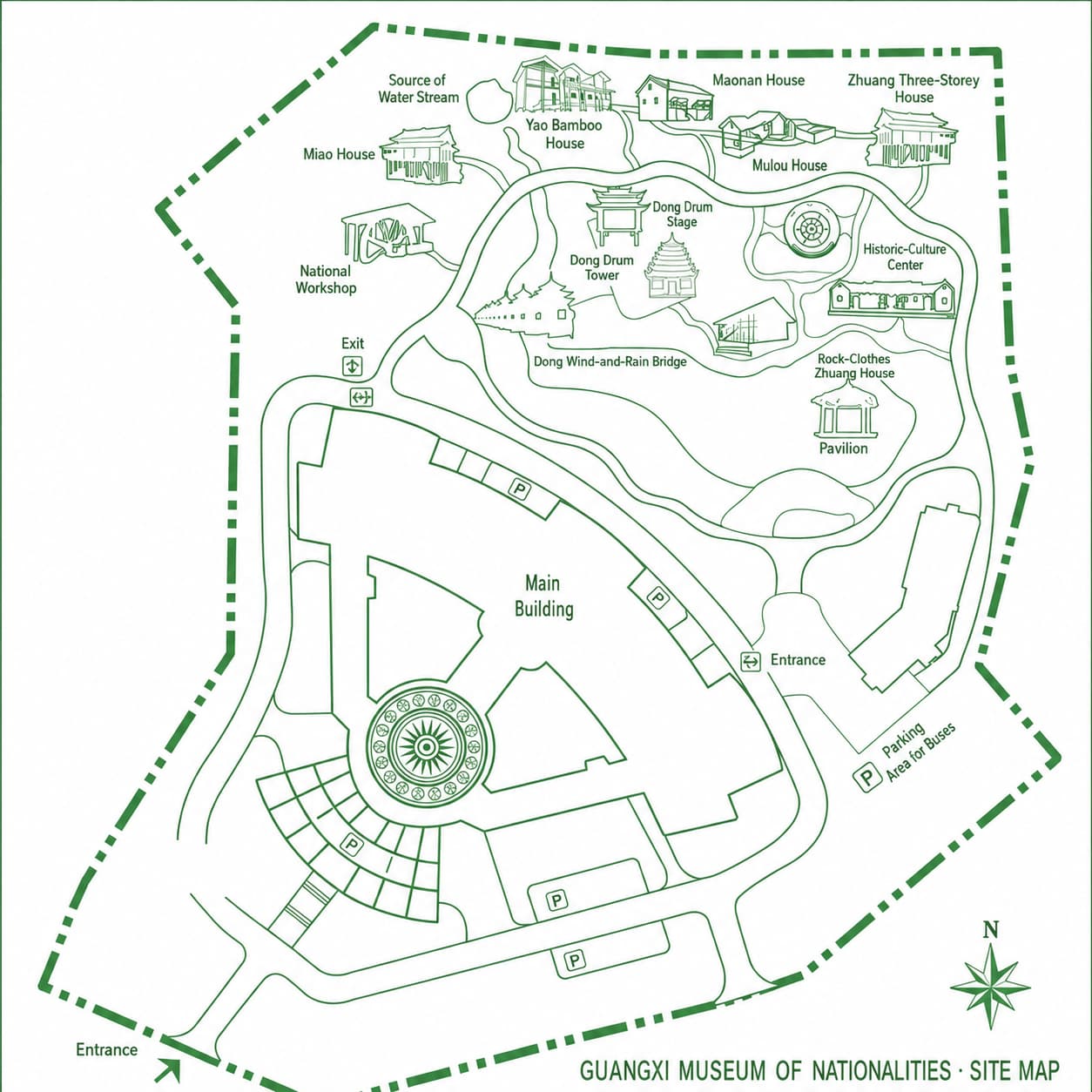 Anthropology Museum of Guangxi campus diagram with main building and outdoor architecture displays