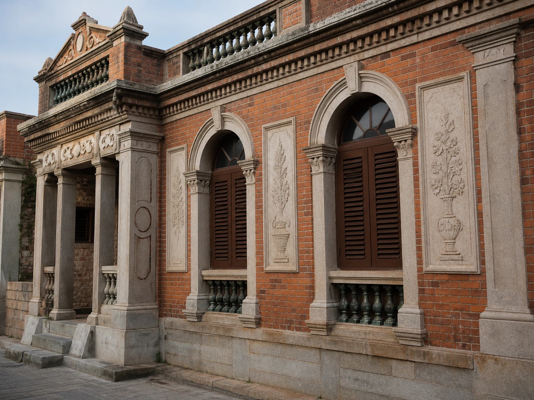 Ladrillo rojo, remates de granito y detalles de diseño con arcos de la época qiaoxiang