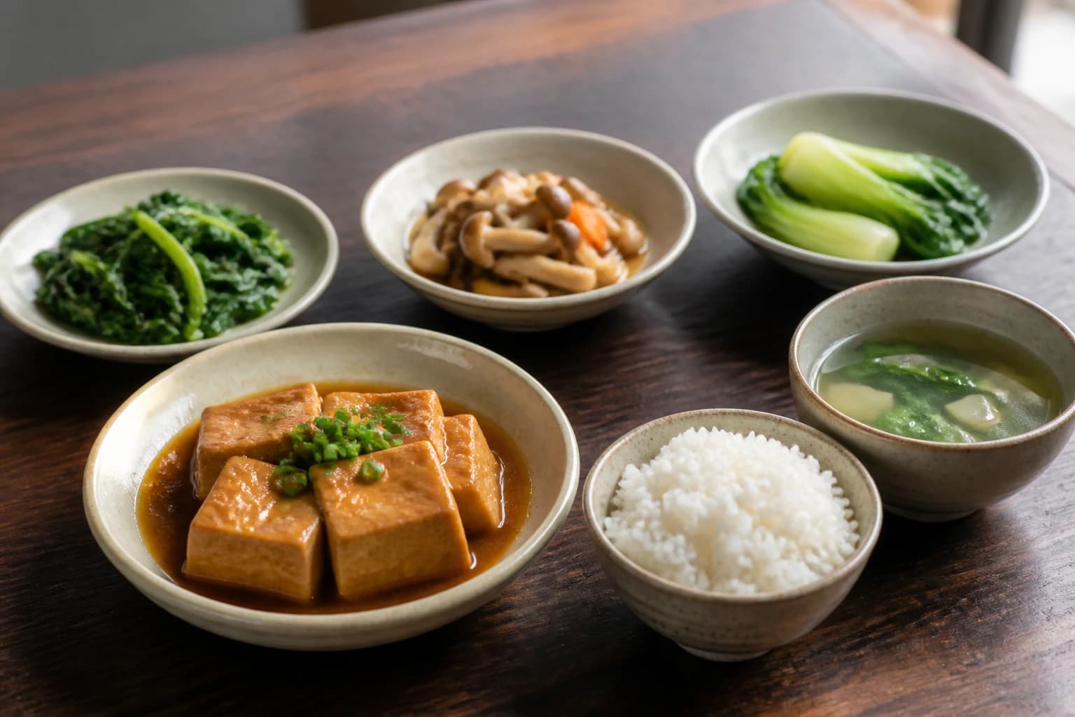 Un sencillo plato vegetariano budista con tofu, champiñones, verduras, arroz y sopa.