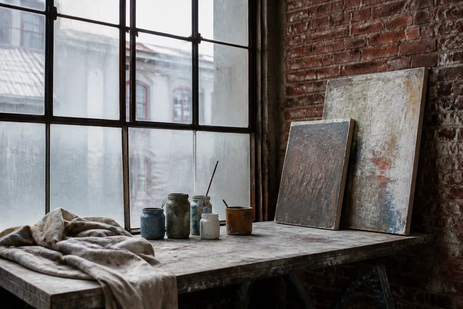 Una mesa de trabajo de artista con botes de pintura y lienzos junto a una ventana industrial