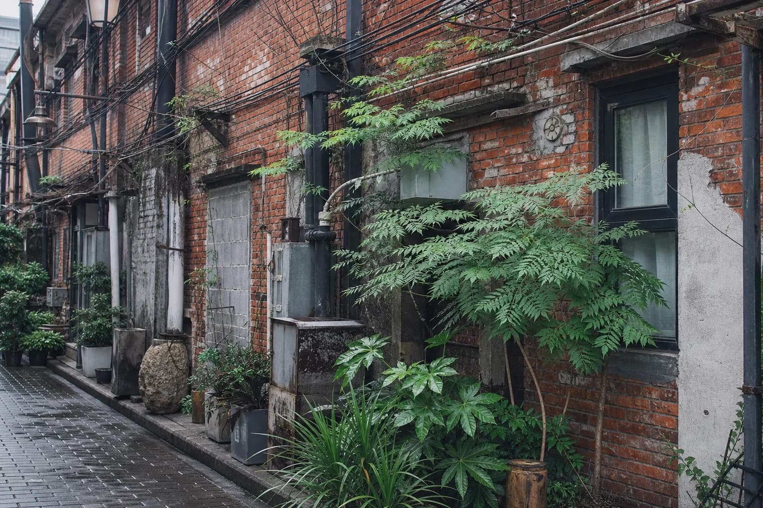 Una calle industrial desgastada de ladrillo rojo con servicios expuestos y plantas densas