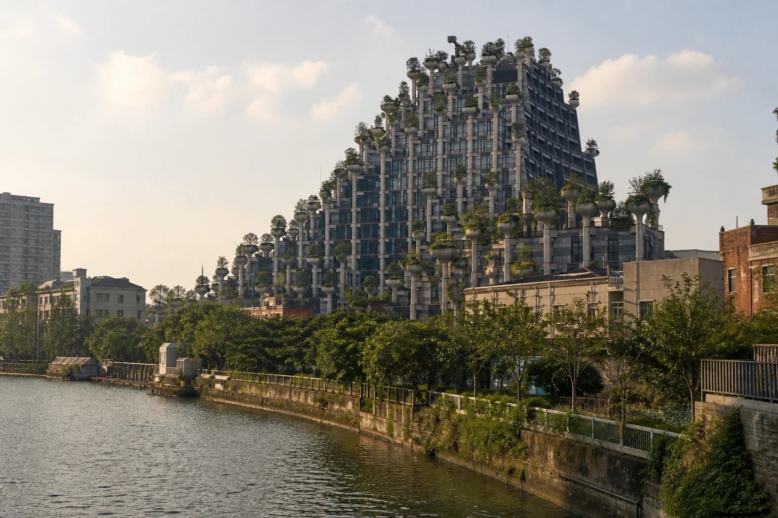 Suzhou Creek con antiguos edificios a orillas del río y terrazas plantadas de árboles 1000
