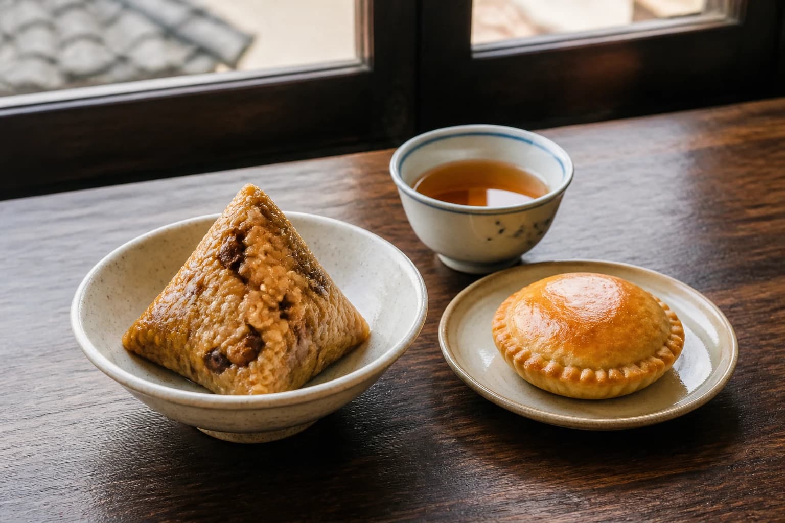Una mesa de refrigerios inspirada en Qibao con una sabrosa bola de masa de arroz, pasteles y té
