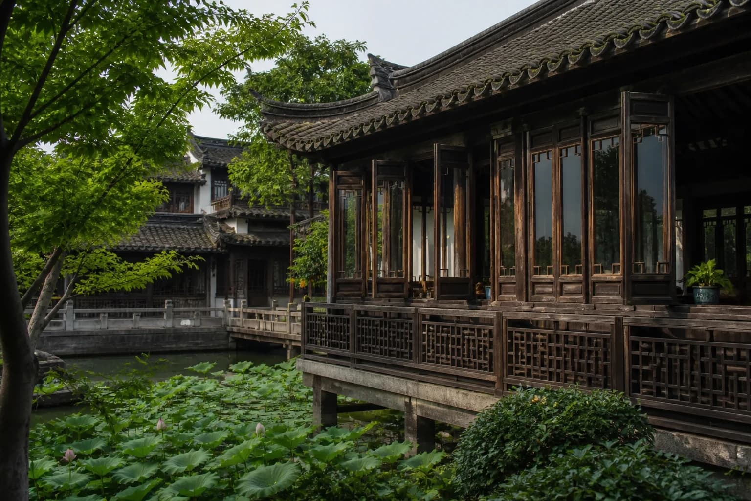 Una casa de té de madera oscura junto al agua junto a un estanque de lotos en una escena inspirada en Qibao