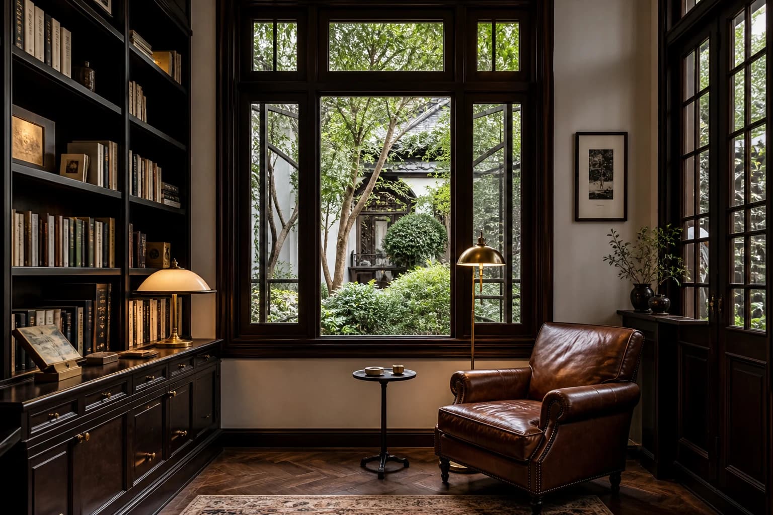 Una tranquila sala de lectura en una casa de jardín con estanterías oscuras y ventanas con hojas