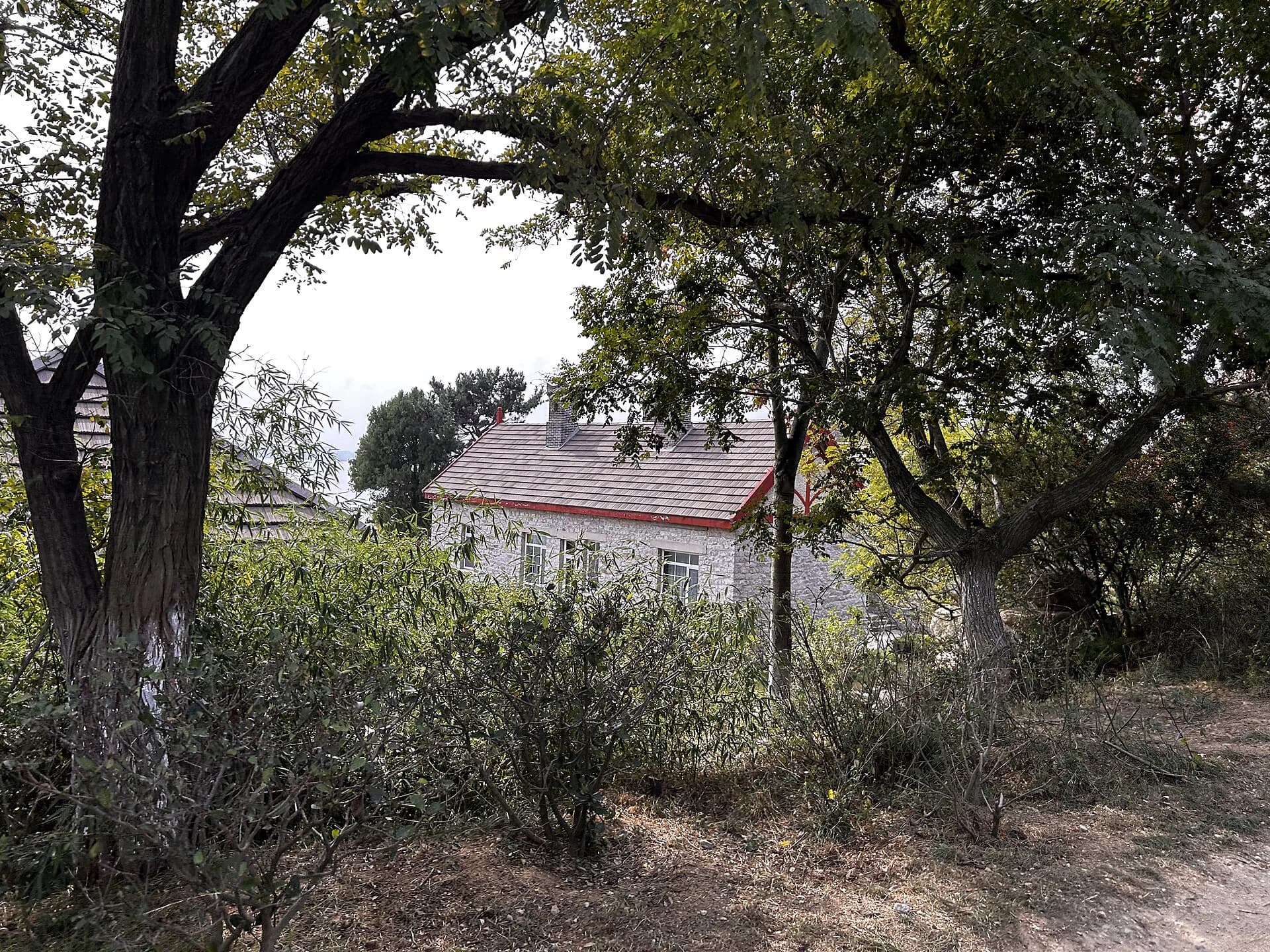 Tree-framed historic bungalow architecture on Liugong Island