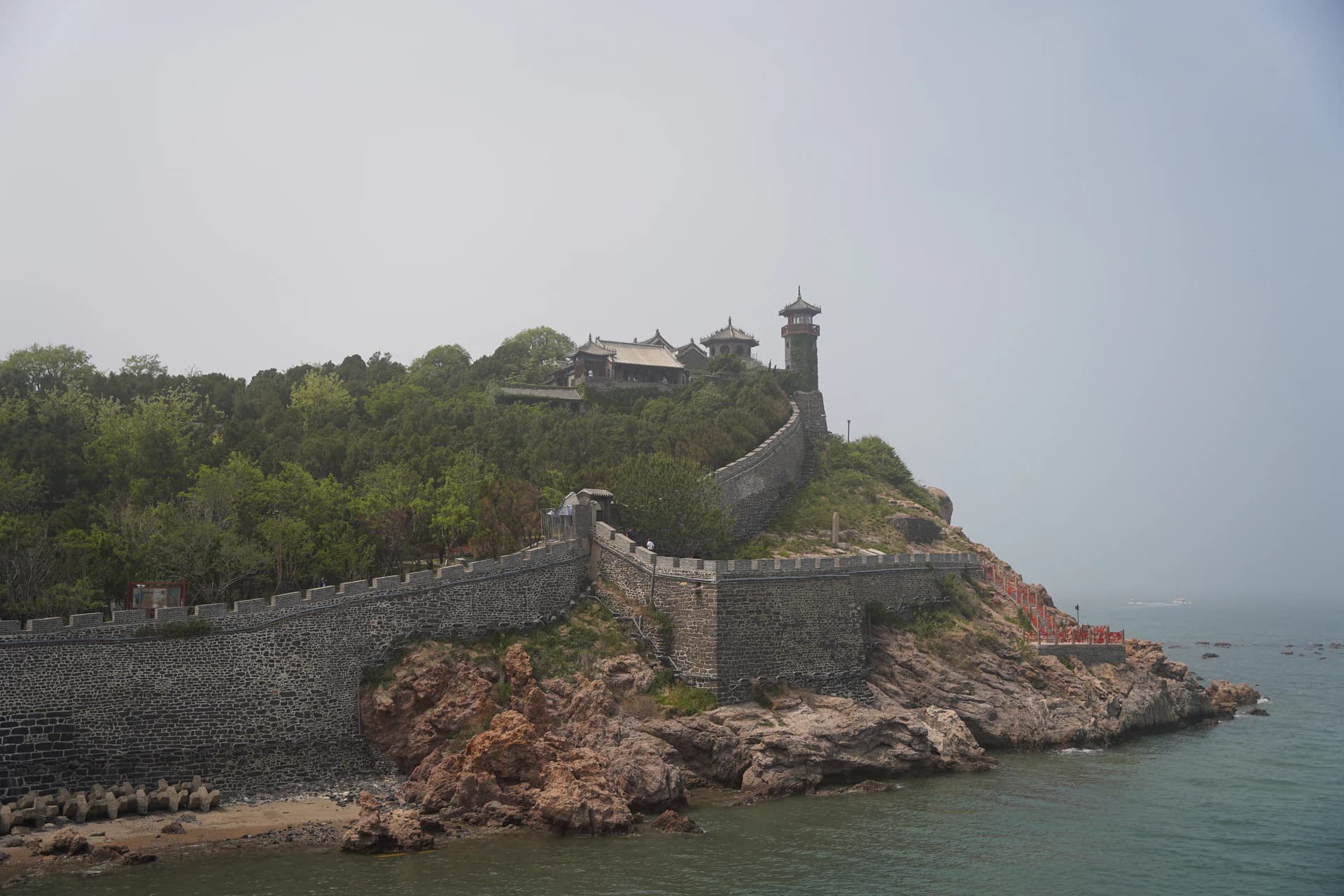 Penglai Pavilion, defensive wall and rocky coast viewed from the southeast