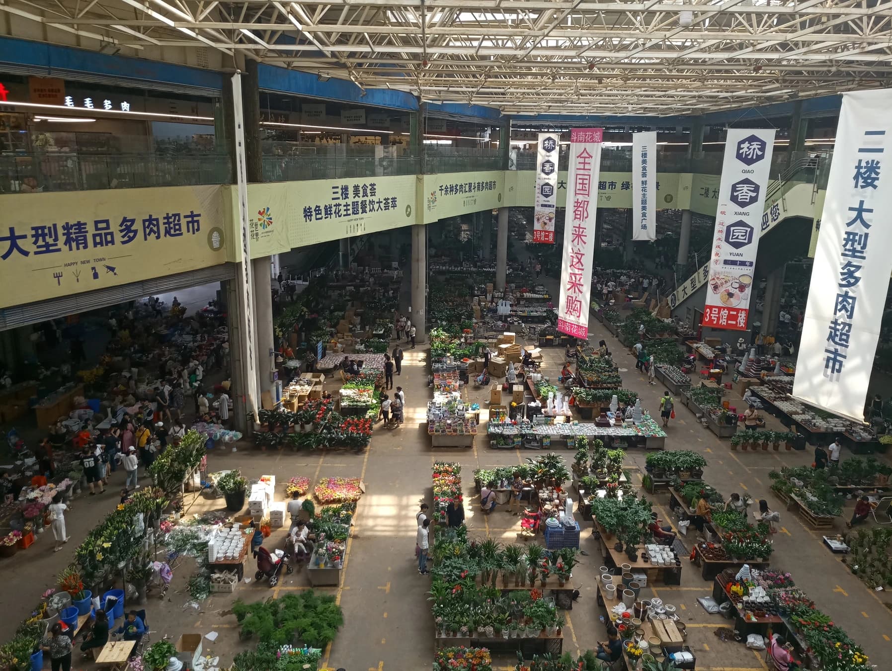 Gran pabellón interior de compraventa de flores en el Mercado de Flores de Dounan
