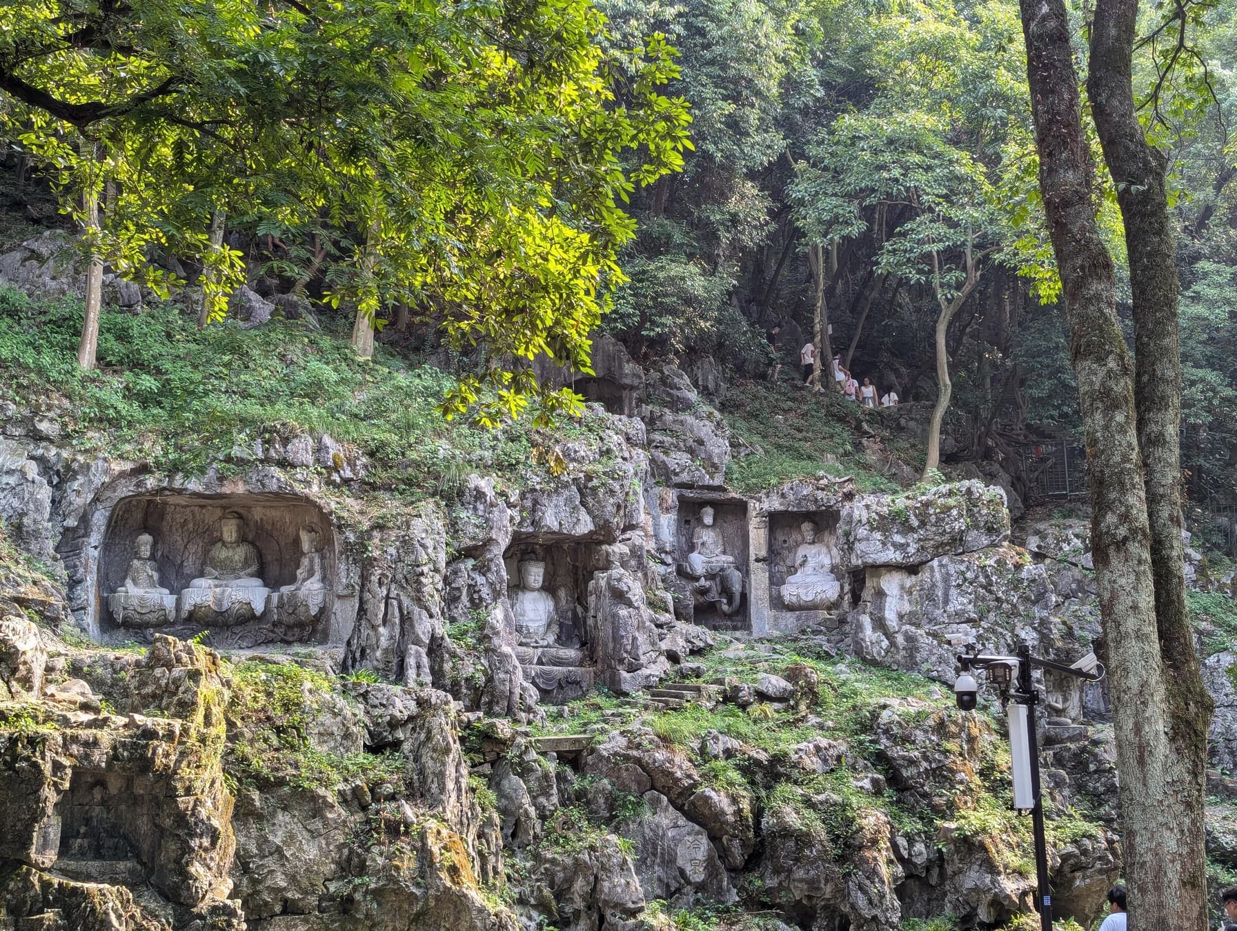 Esculturas budistas de las grutas integradas en la piedra caliza y el bosque de Feilai Peak