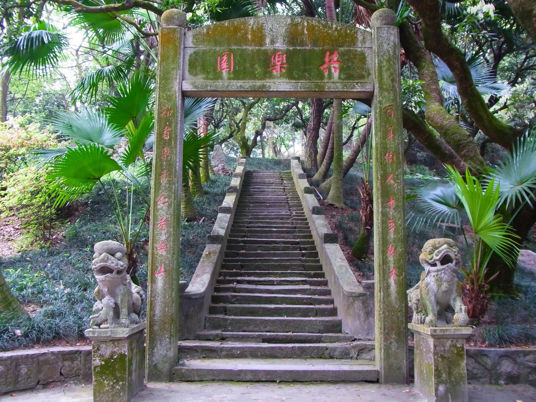 Escalones de piedra y densa vegetación subtropical en el jardín Gongle