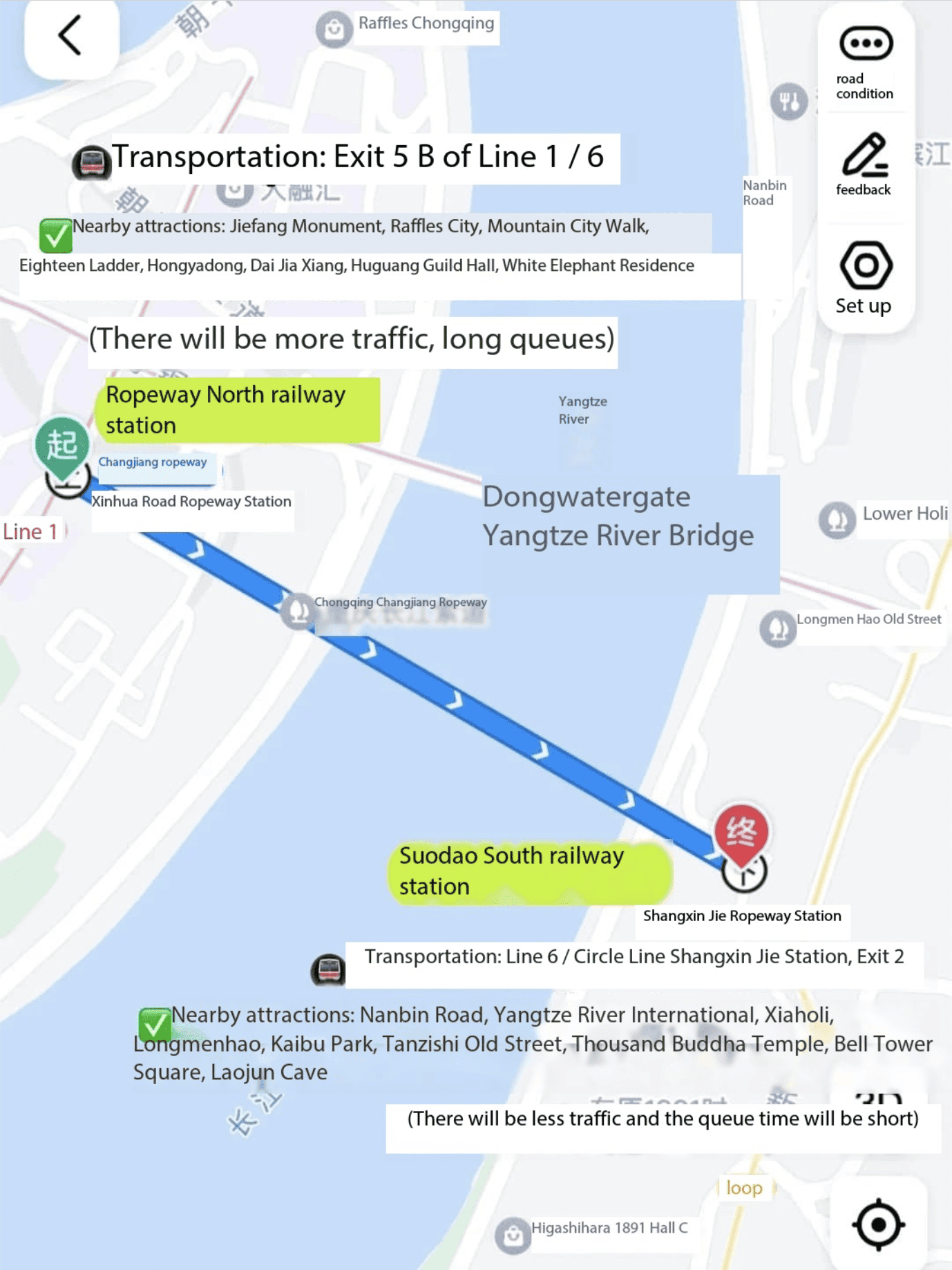 Mapa de la ruta del Teleférico del Río Yangtze