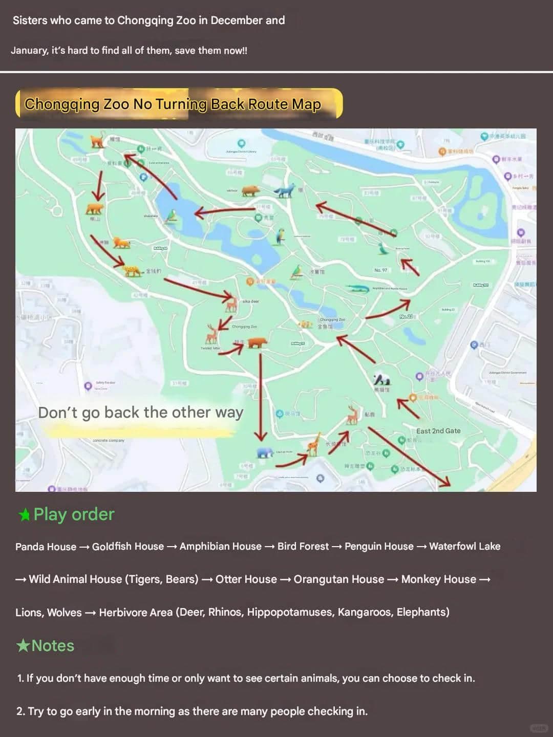 Mapa de las zonas de animales y la ruta del Zoológico de Chongqing