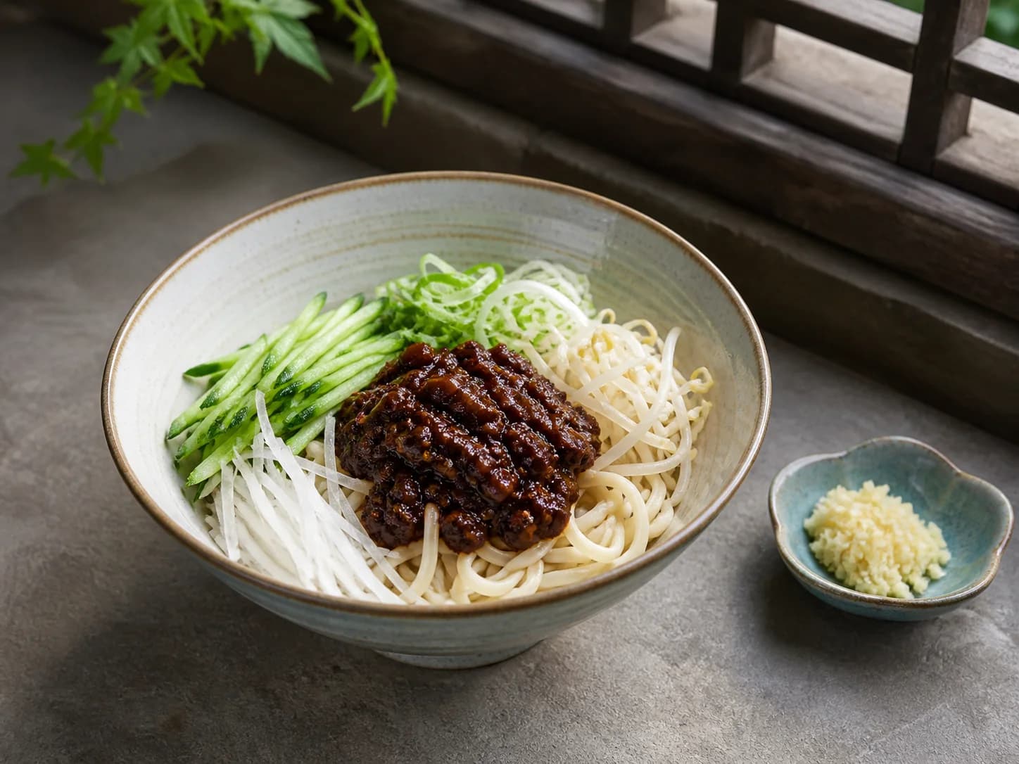Imagen de fideos zhajiangmian de Beijing con verduras