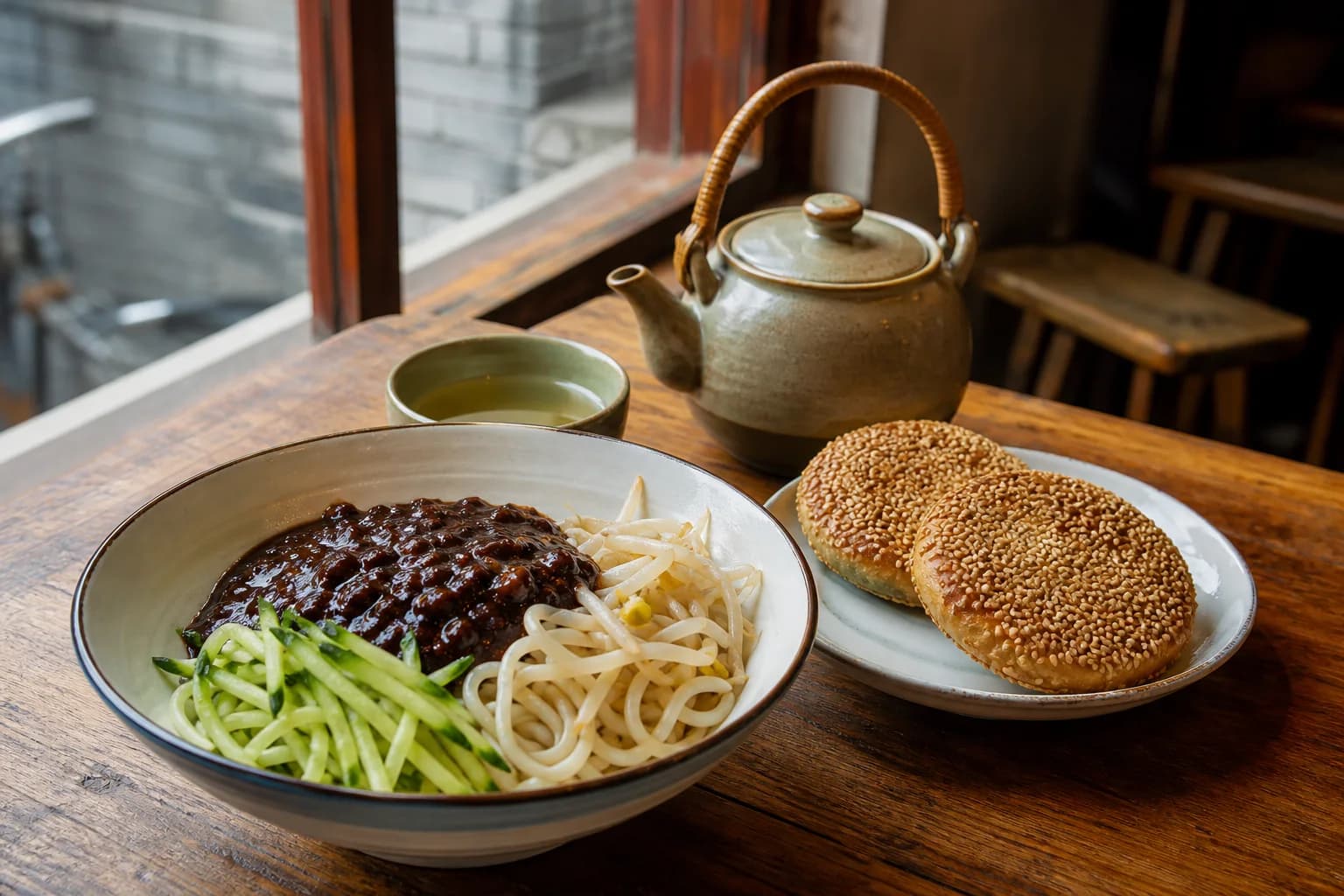 Beijing zhajiangmian, shaobing de sésamo y té de jazmín