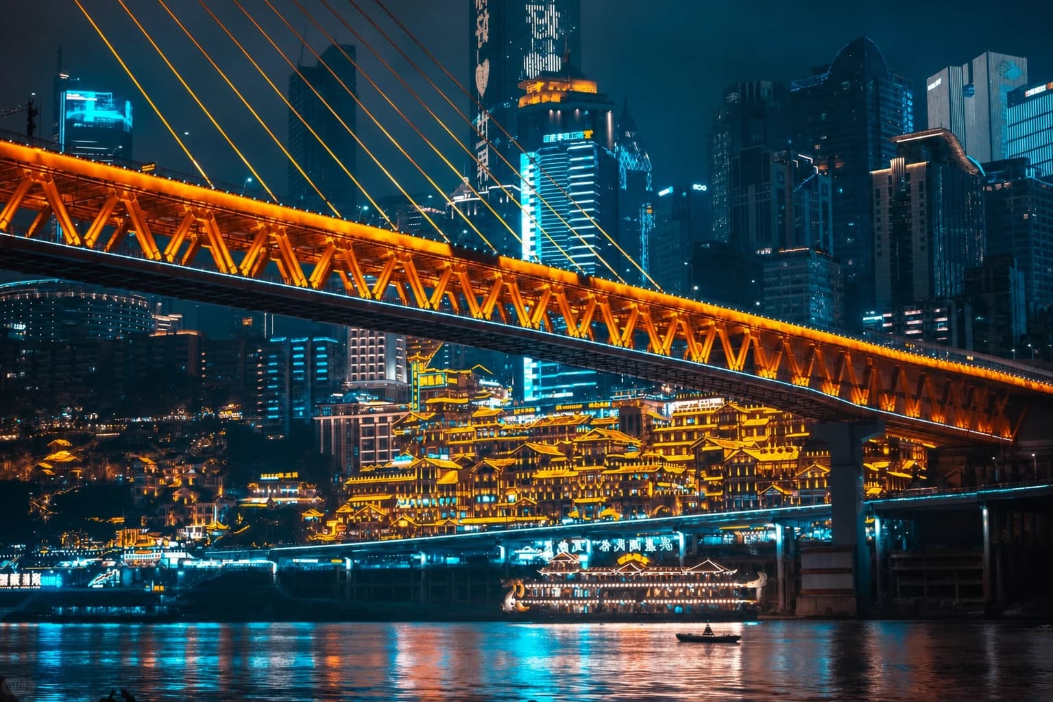 Vista nocturna del Gran Teatro de Chongqing desde la orilla del río