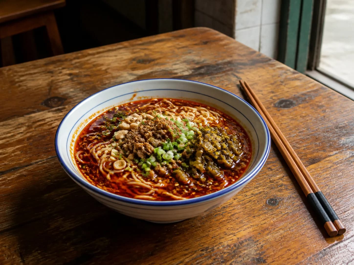 Bol de xiaomian de Chongqing con aceite de chile, verduras encurtidas y cebolleta