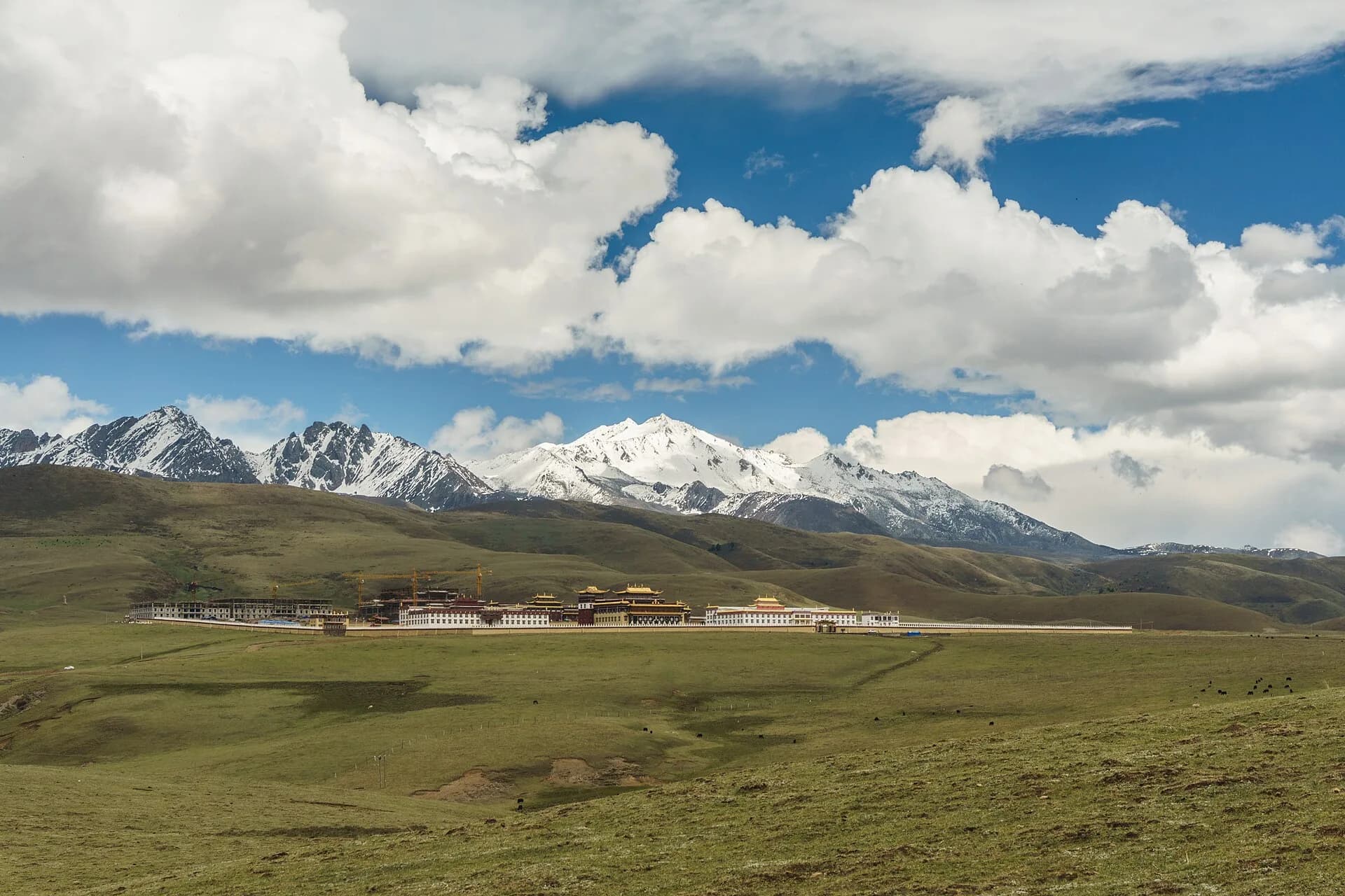 The Jinlong mountain massif rising beyond Tagong's broad grassland