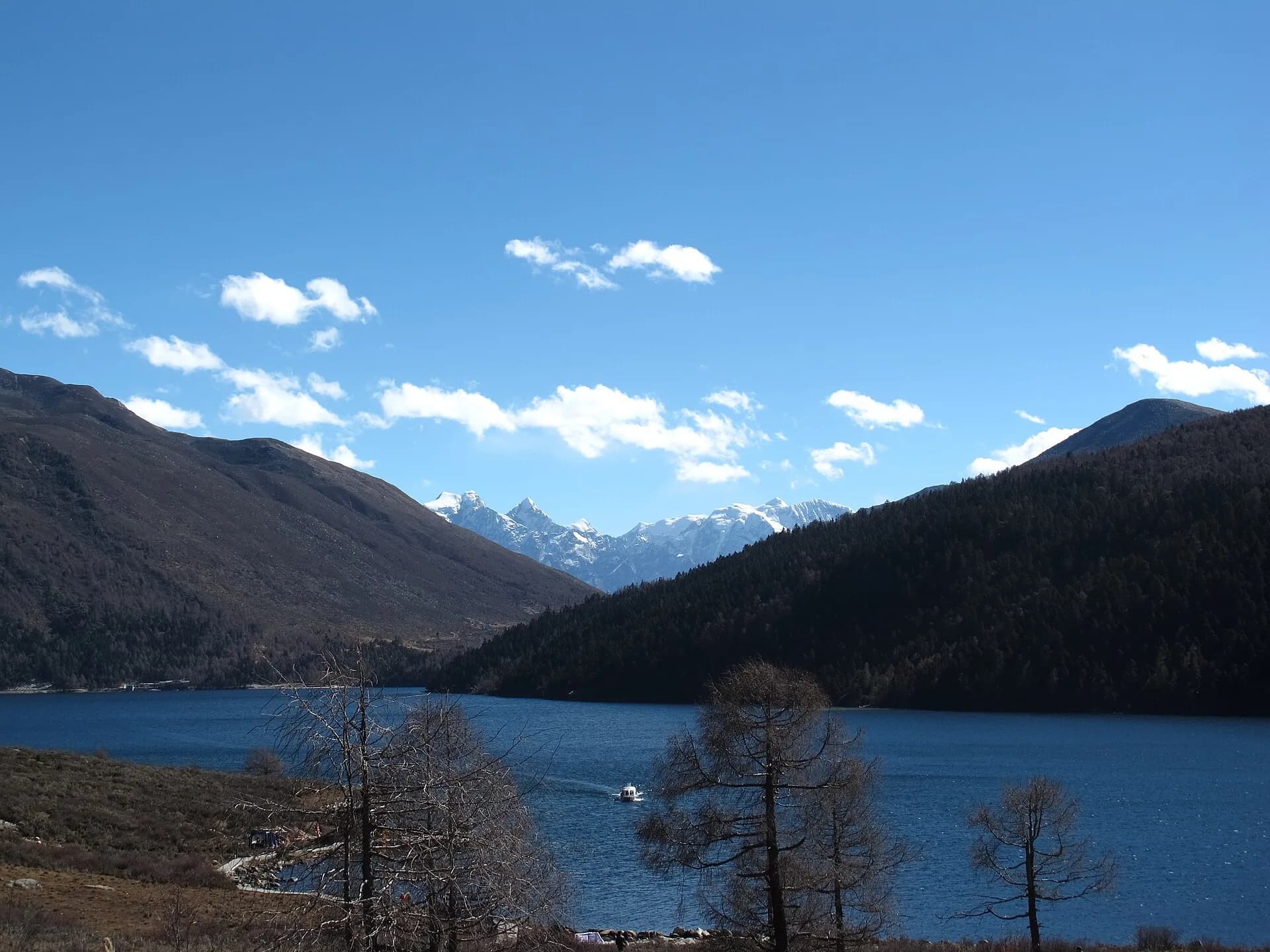 Mugecuo's high lake reflecting forested slopes and mountain sky