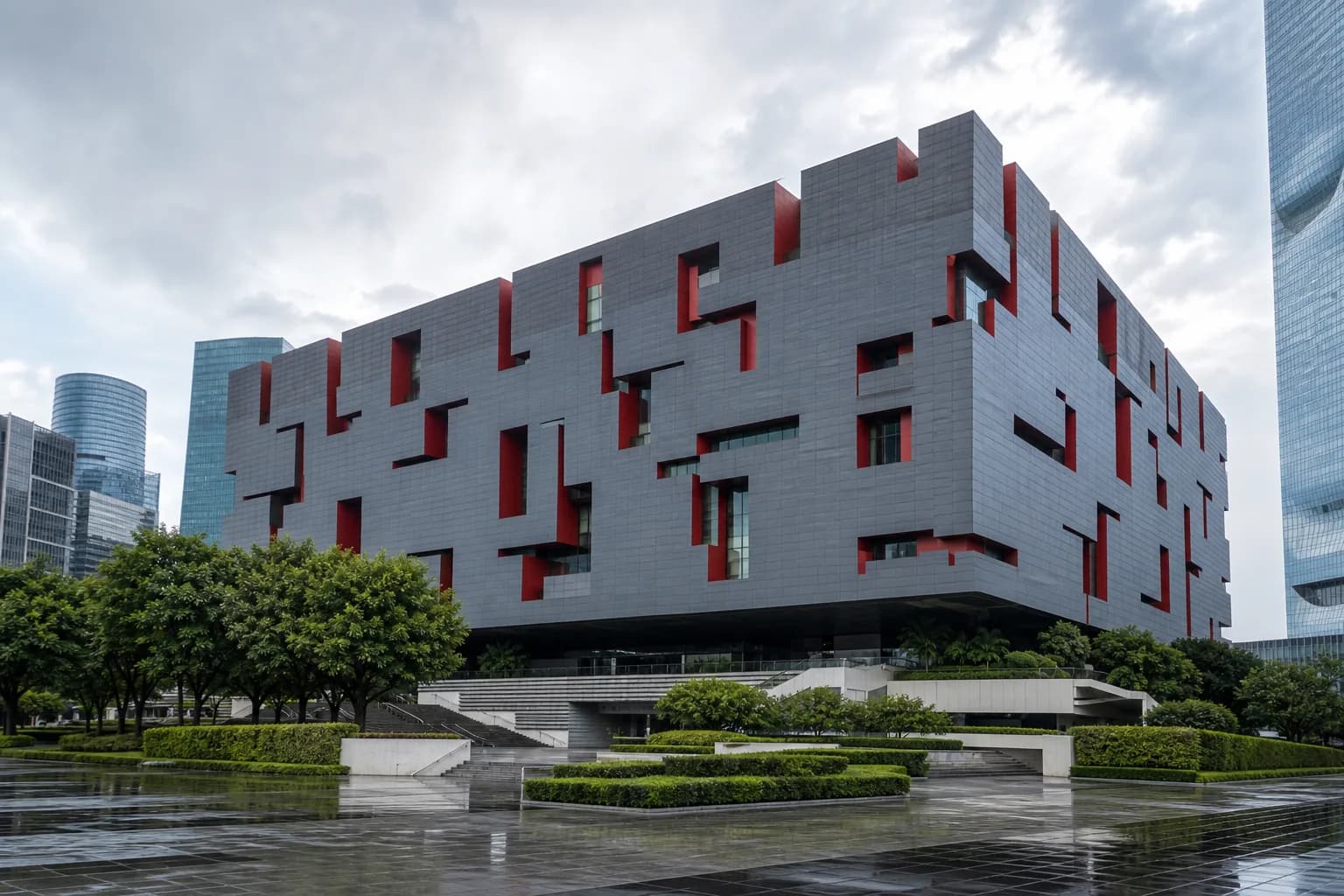 Exterior en forma de caja de rompecabezas de Guangdong Museum en Zhujiang New Town