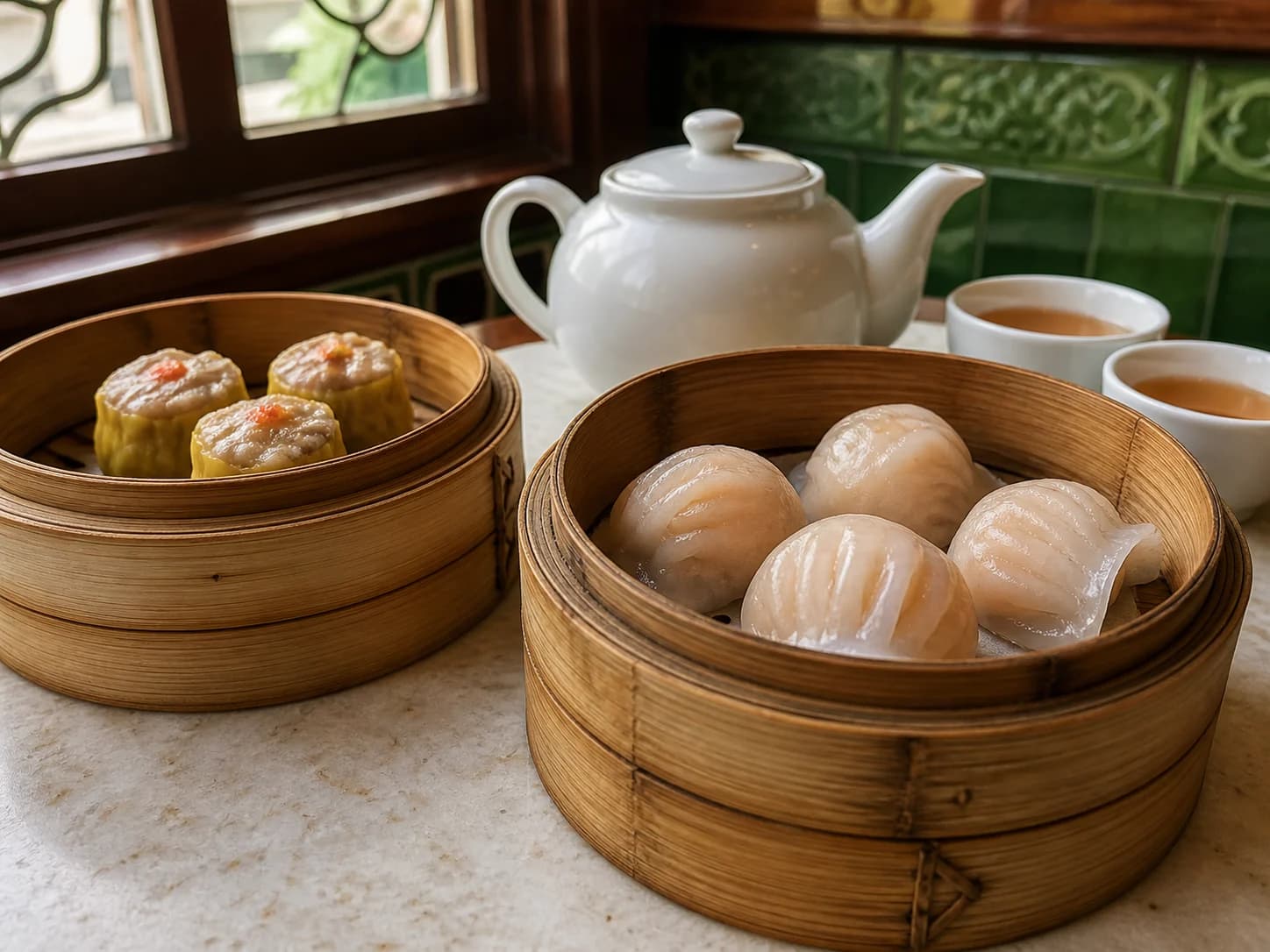 Imagen de har gow, siu mai y té cantonés en vaporeras de bambú