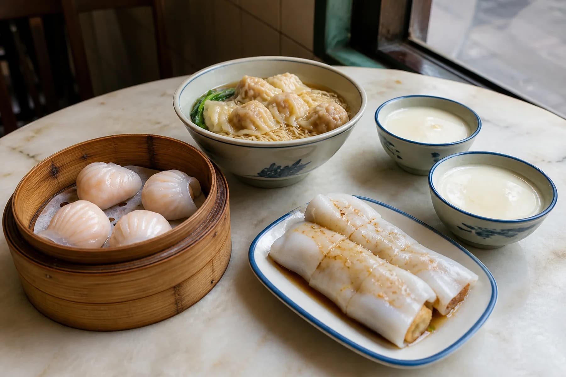 Mesa editorial de Guangzhou con har gow, rollos de fideos de arroz, fideos wonton y leche de doble piel