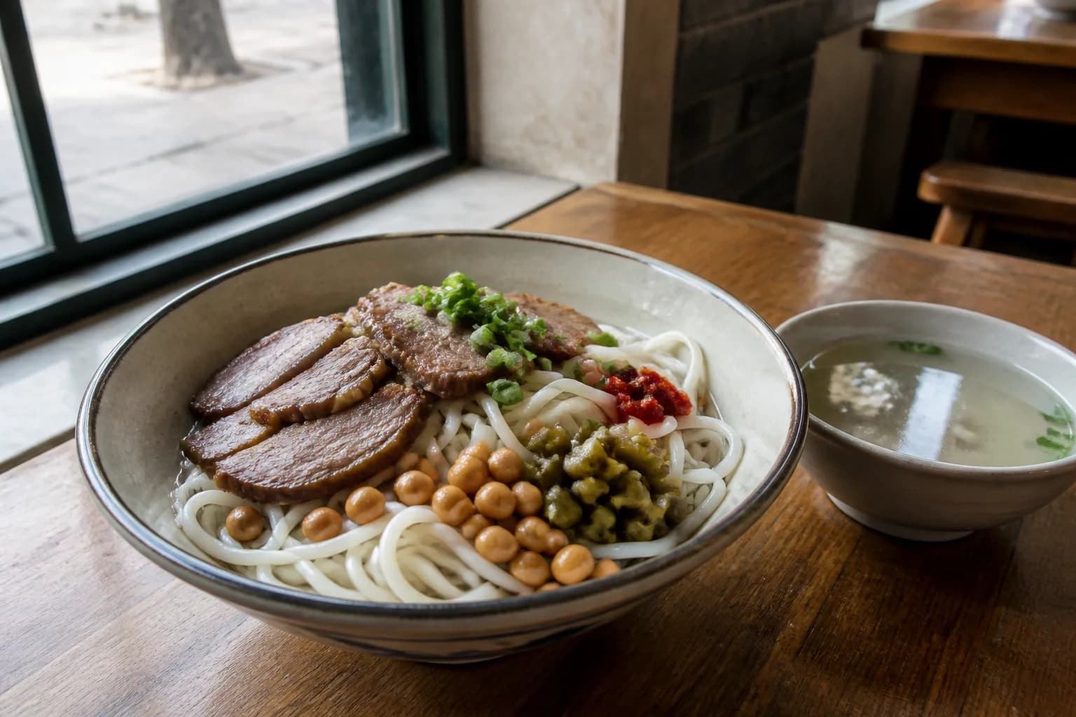 Fideos de arroz de Guilin con carne estofada, encurtidos, soja y caldo claro