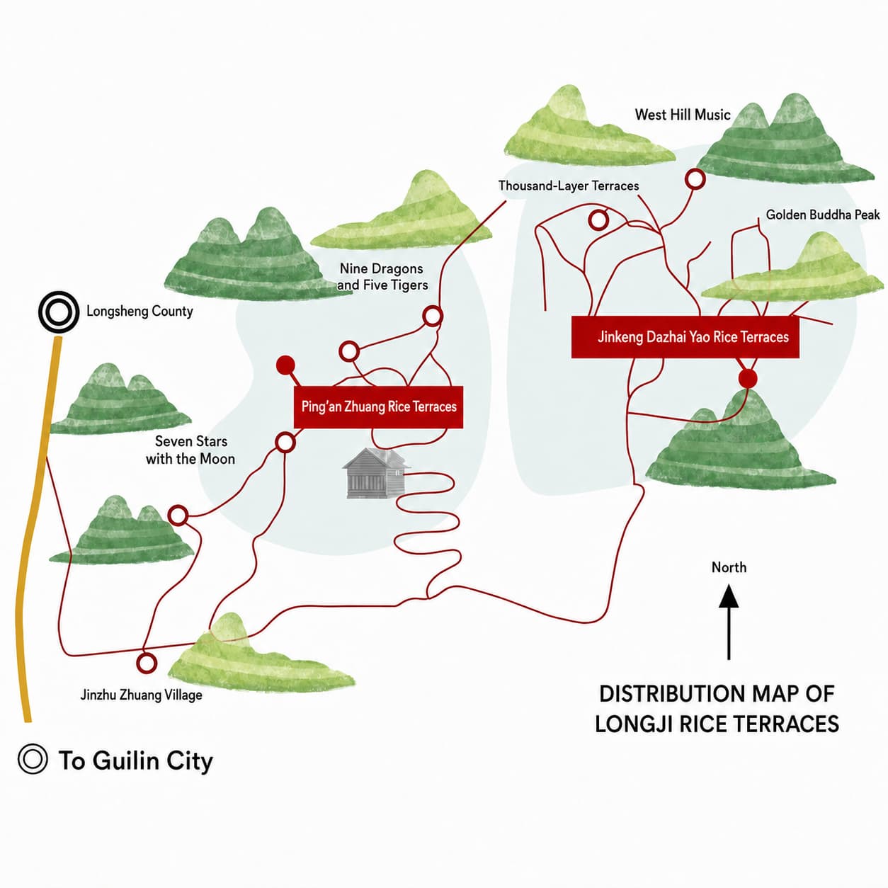 English route map for Longji Rice Terraces: Choose Ping'an or Jinkeng, option 2