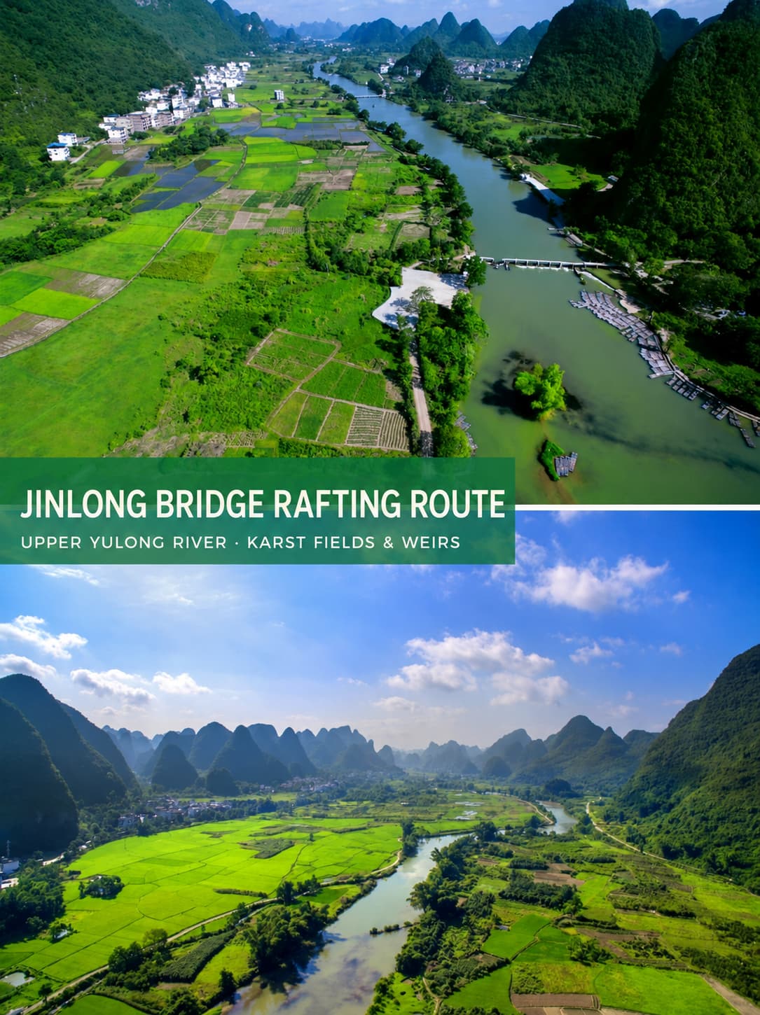 Illustrated Jinlong Bridge rafting landscape; verify the live route before booking