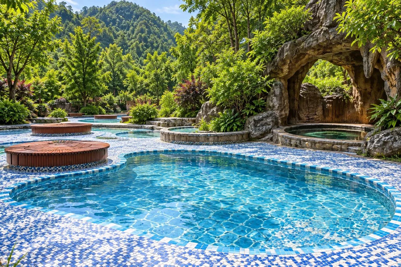 Piscina de azulejos azules, pozas pequeñas y una gruta entre el bosque de Xifeng Nanshan Tianmu