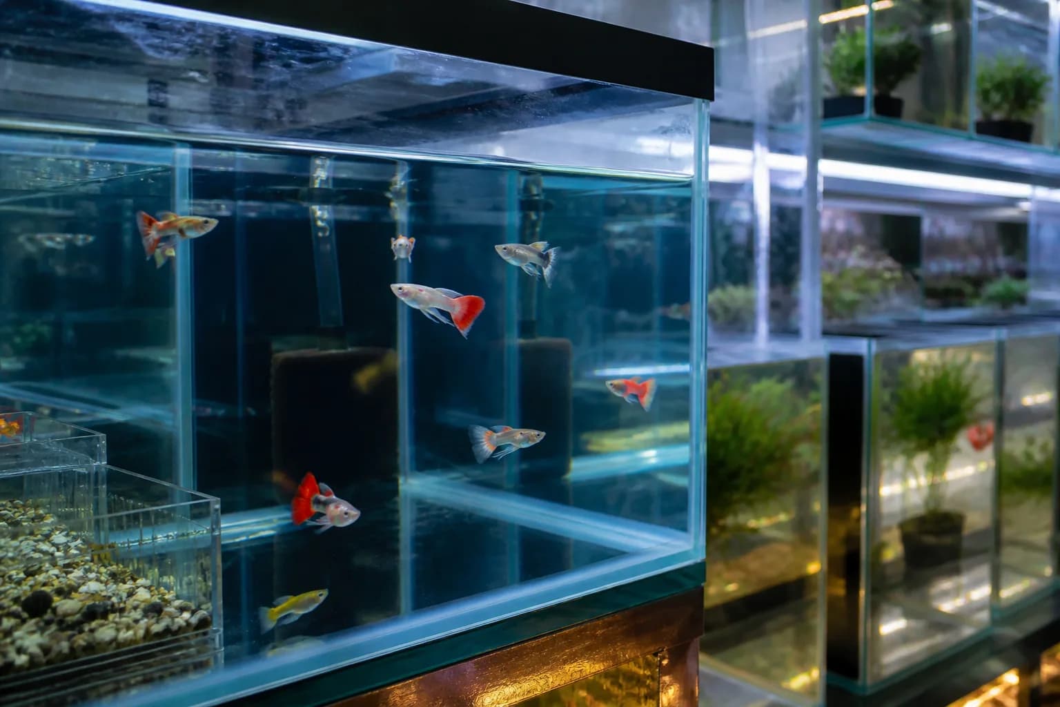 Peces ornamentales en acuarios iluminados de una tienda