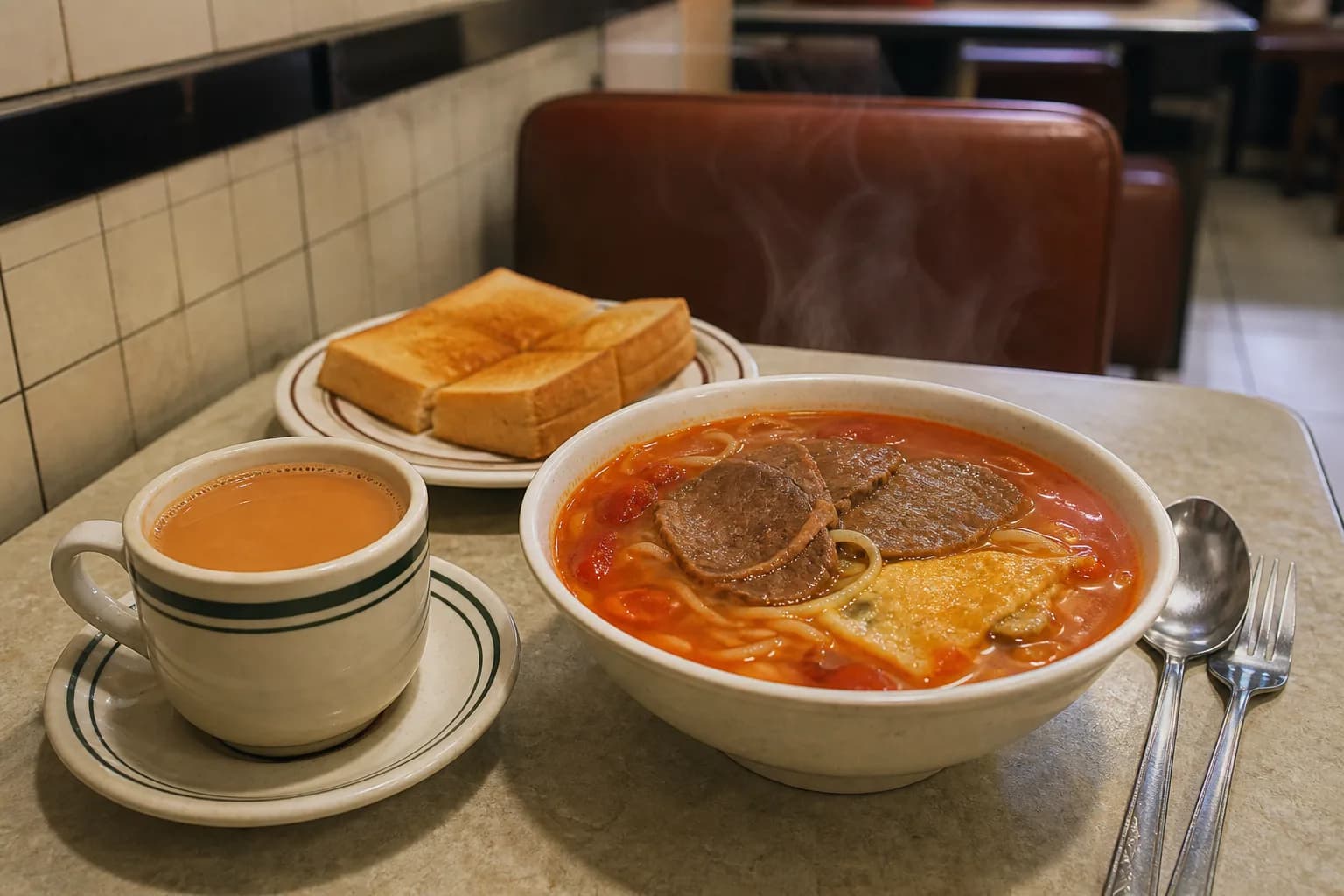 Imagen de fideos con ternera y tomate, té con leche y tostadas en un bing sutt de Hong Kong