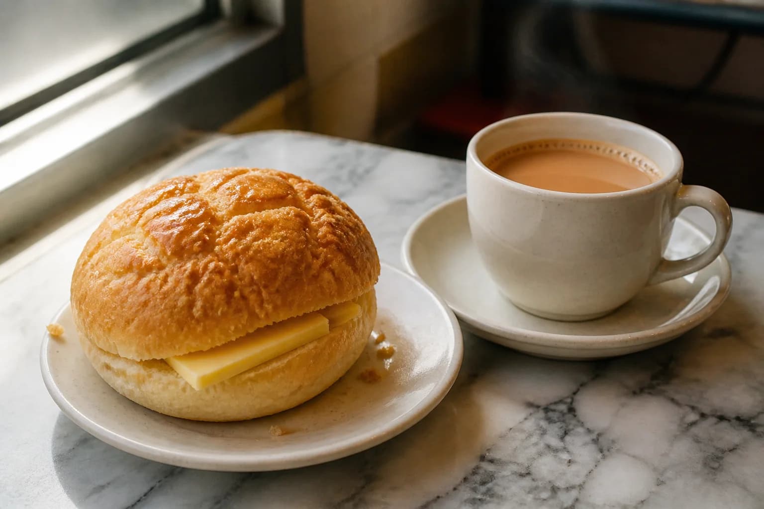 Bollo de piña de Hong Kong con mantequilla y té con leche