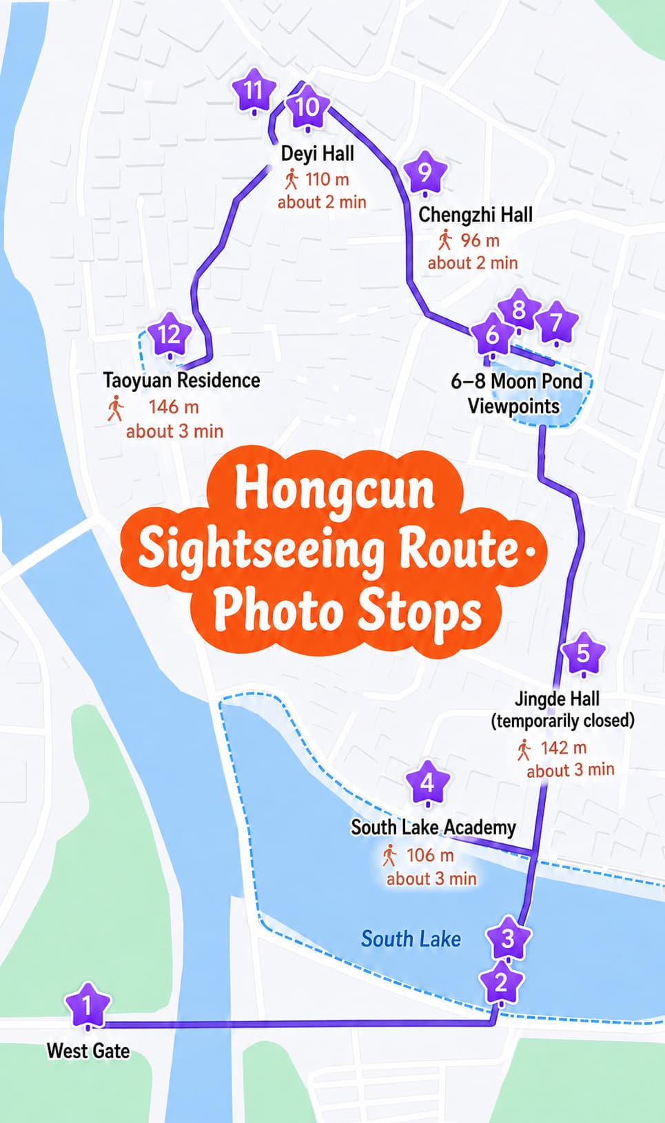 Hongcun village route through South Lake, Moon Pond and selected halls