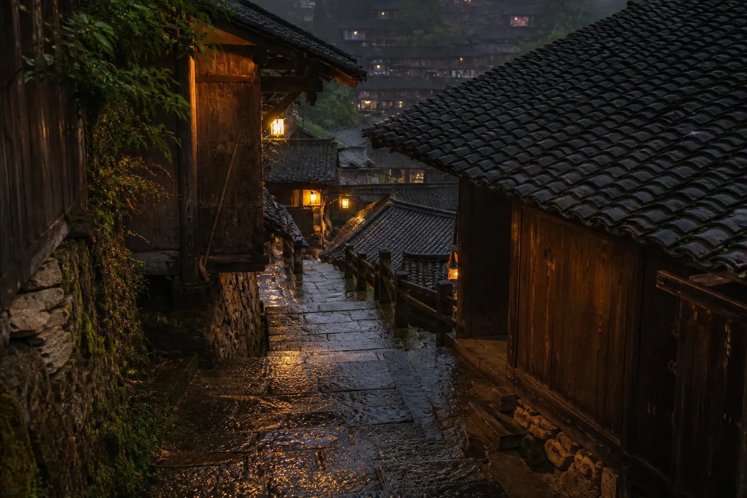 Vista de una calle de piedra mojada por la lluvia y casas de madera en la antigua ciudad de Furong