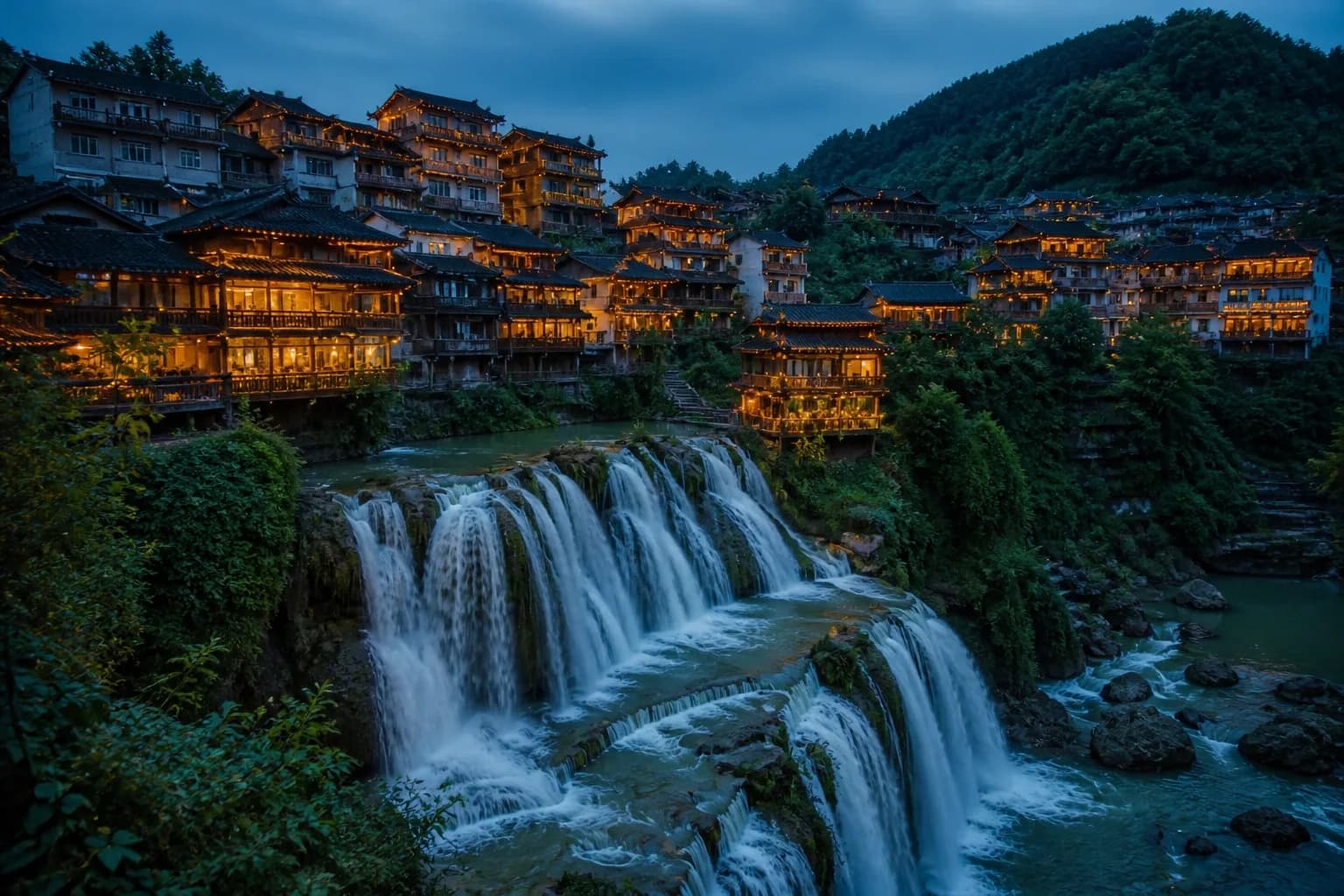 Ciudad antigua de Furong construida junto a una cascada en el oeste de Hunan